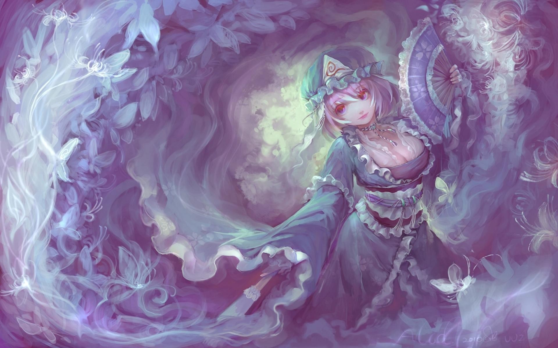 Saigyouji Yuyuko from Touhou holding a fan HD Wallpaper