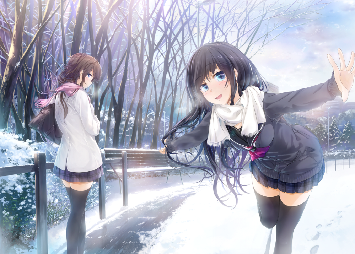 Two anime girls in a snowy park HD Wallpaper