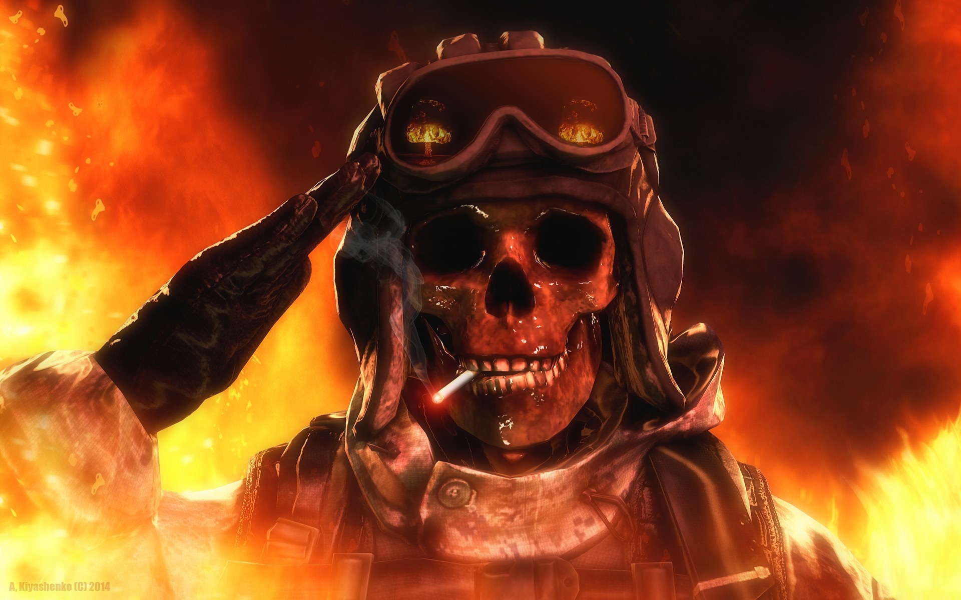 Skull soldier in goggles saluting amidst fire HD Wallpaper