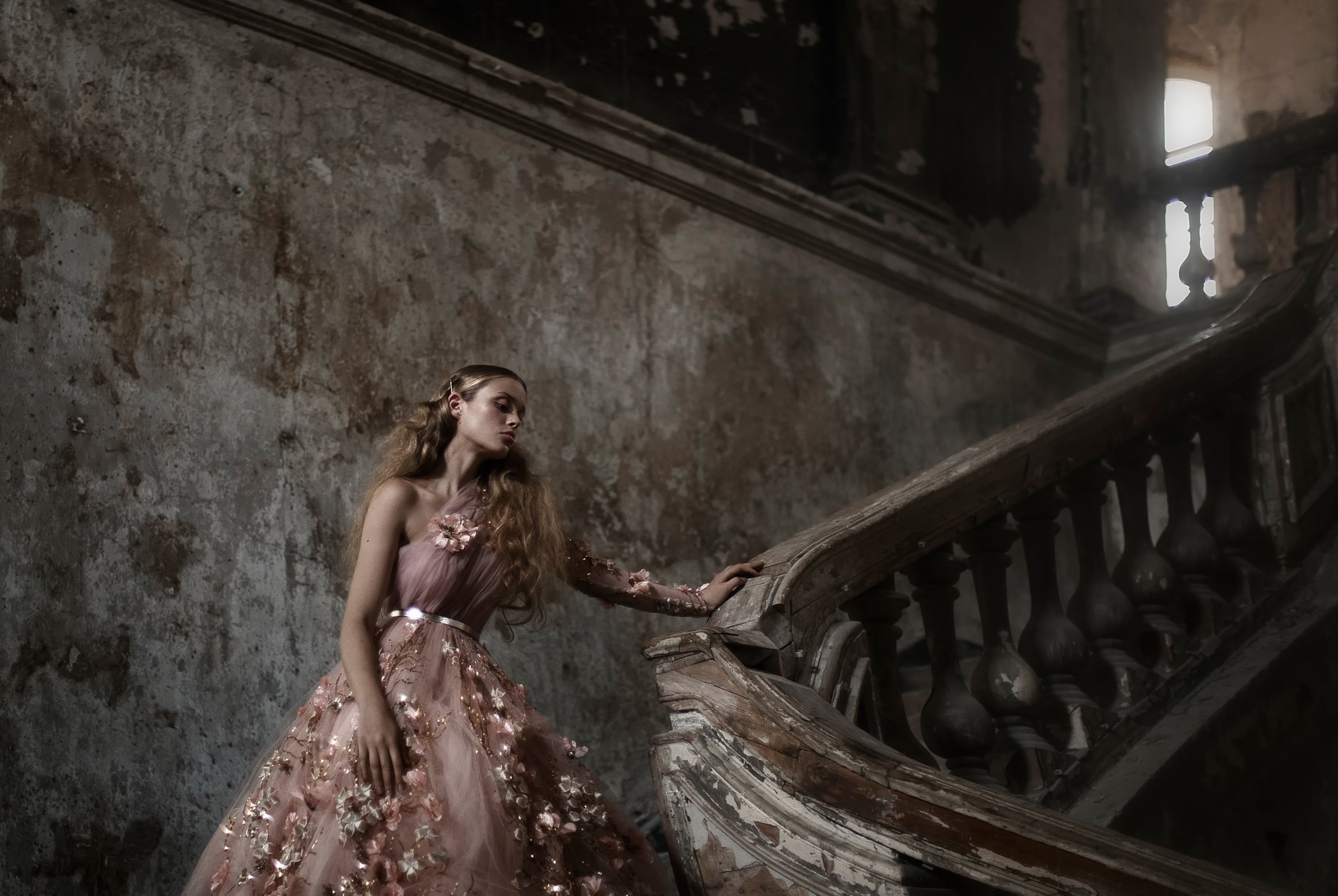 Woman in pink dress on dilapidated stairs HD Wallpaper
