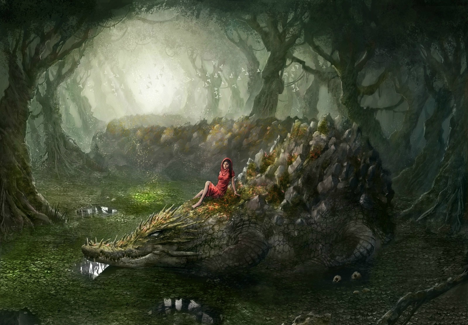 Fantasy art of a girl on a dragon in a forest HD Wallpaper