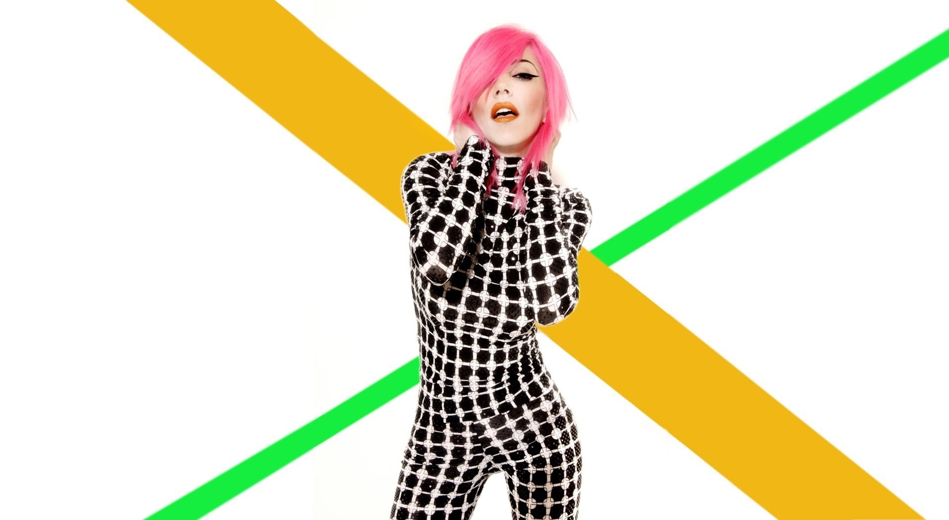 Woman with pink hair in a checkered jumpsuit HD Wallpaper