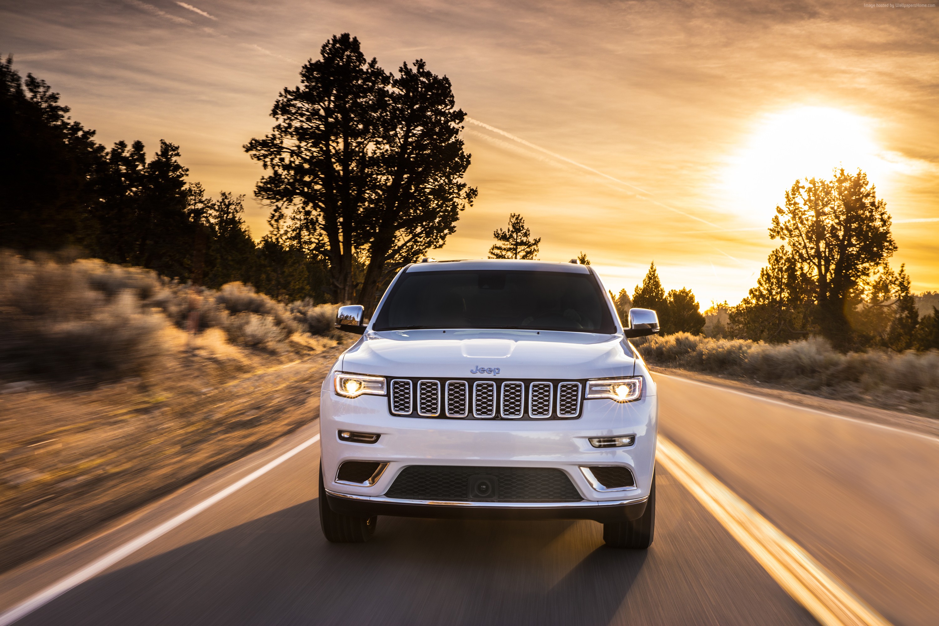 White Jeep Grand Cherokee Summit driving at sunset HD Wallpaper