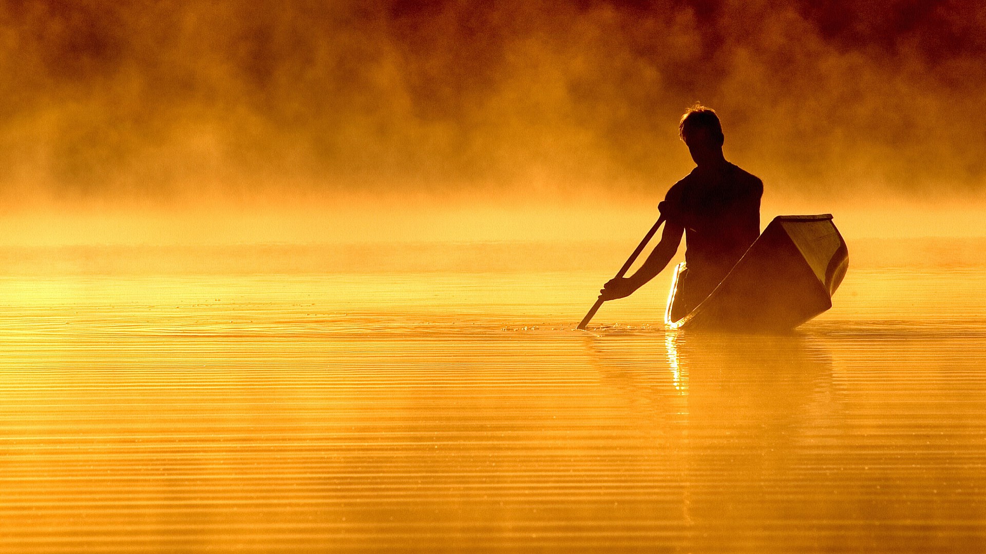 Man in canoe paddling through misty water at sunrise HD Wallpaper