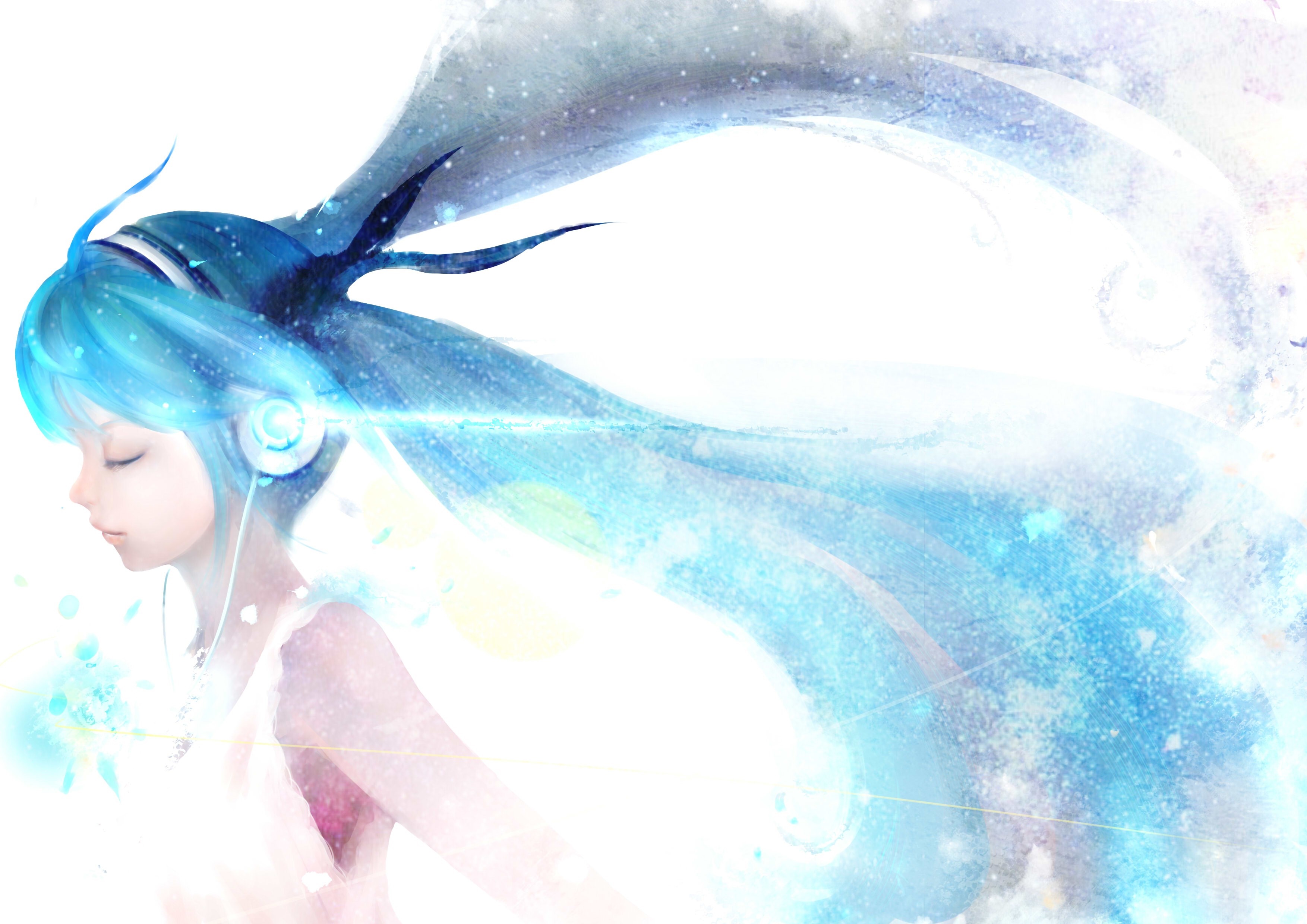 Anime girl with blue hair listening to music HD Wallpaper