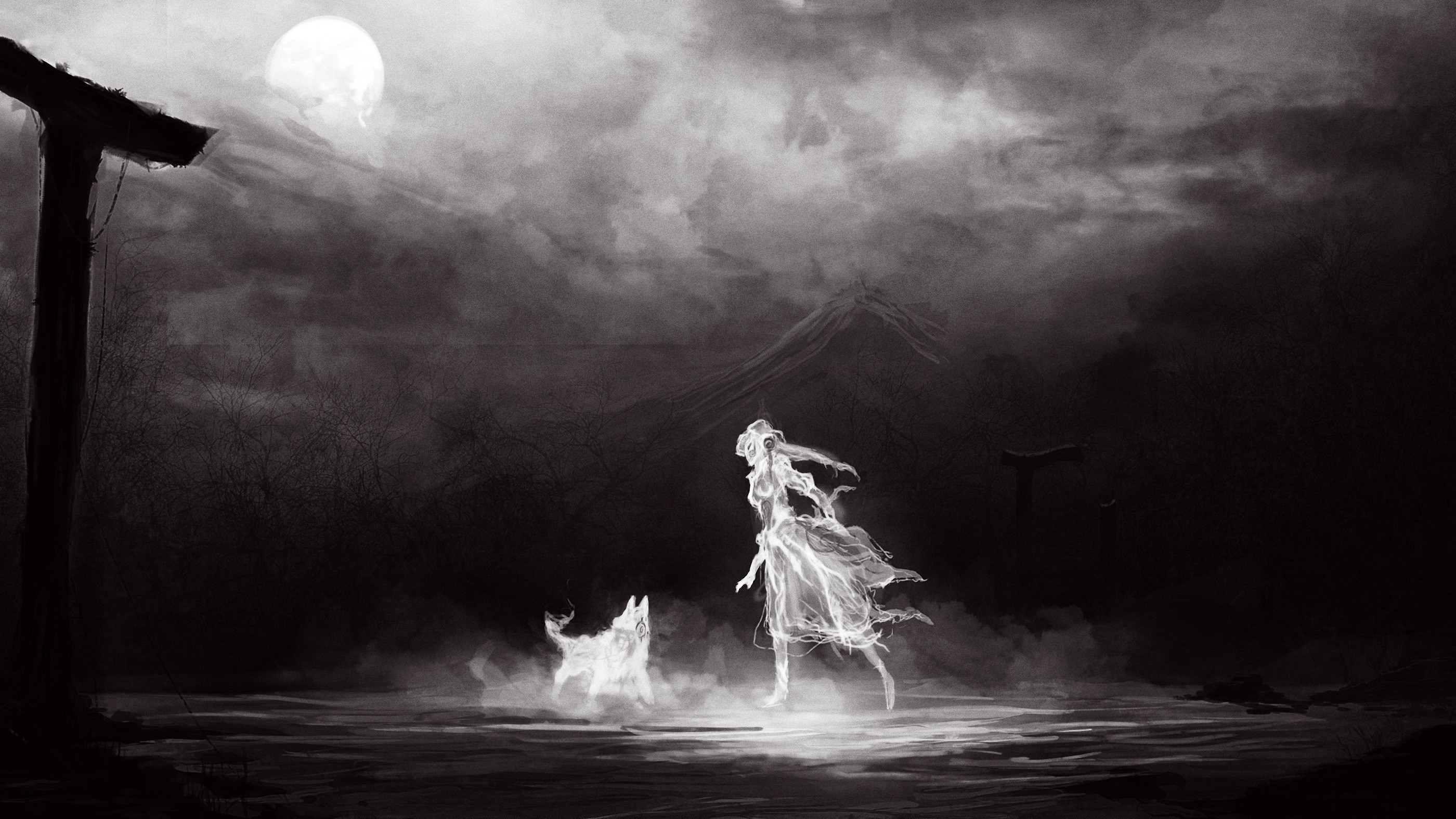 Ghostly woman and dog under a full moon HD Wallpaper