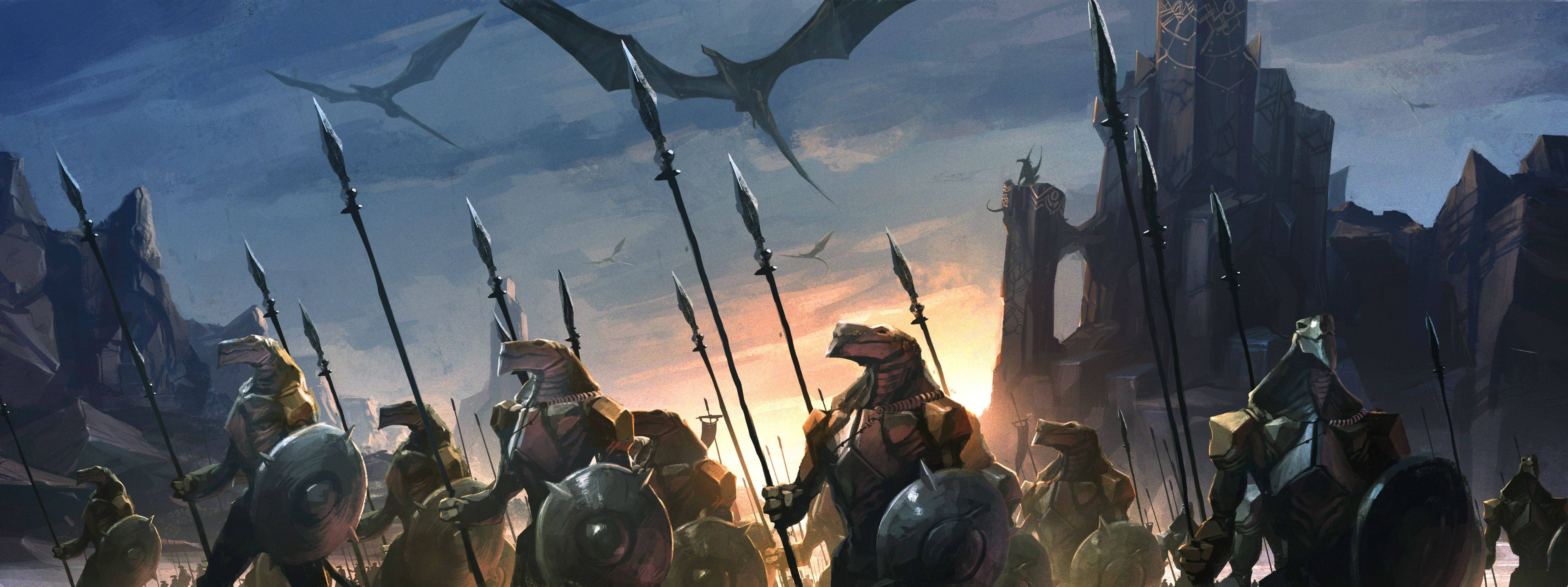 Endless Legend screenshot of reptilian soldiers and dragons HD Wallpaper