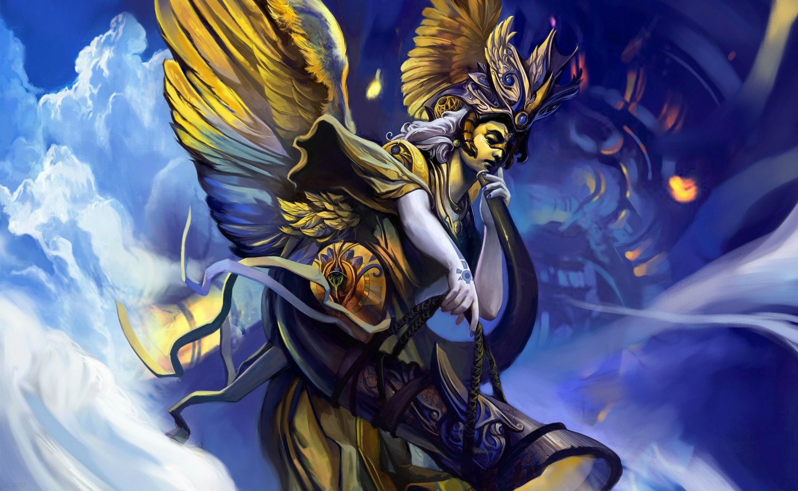 Fantasy angel with golden wings and armor HD Wallpaper