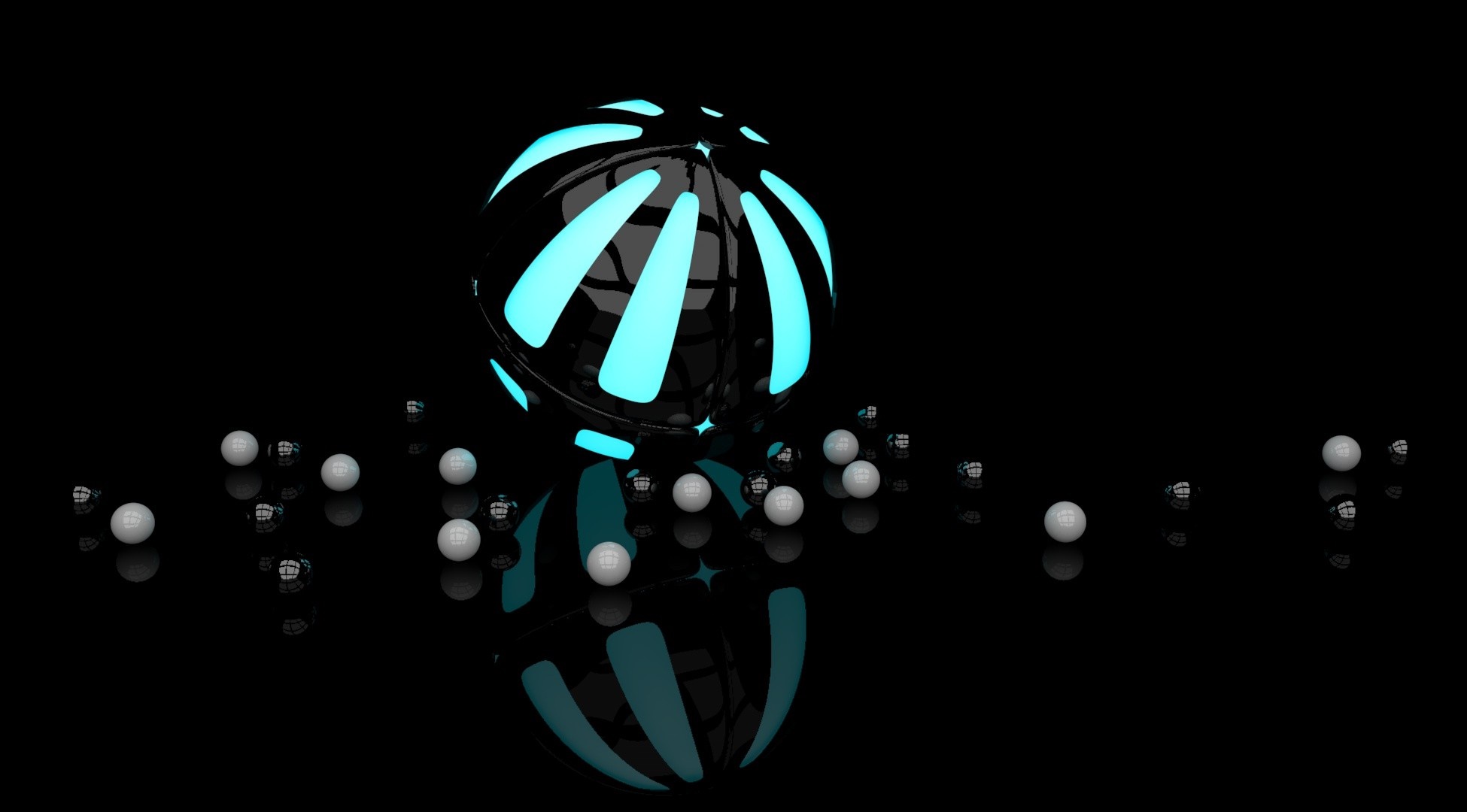 Black sphere with glowing blue stripes and small white balls HD Wallpaper