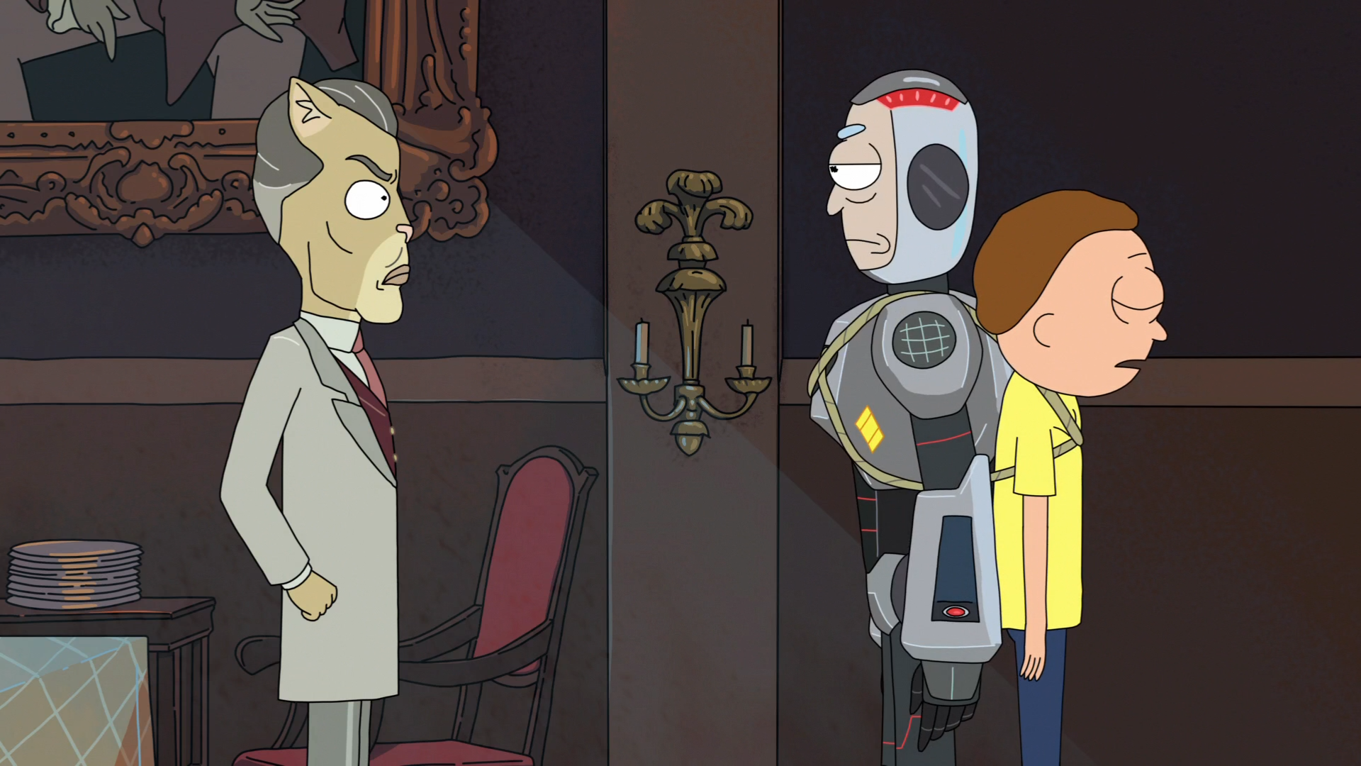 Rick and Morty: Cat-like man confronts robot and Morty HD Wallpaper