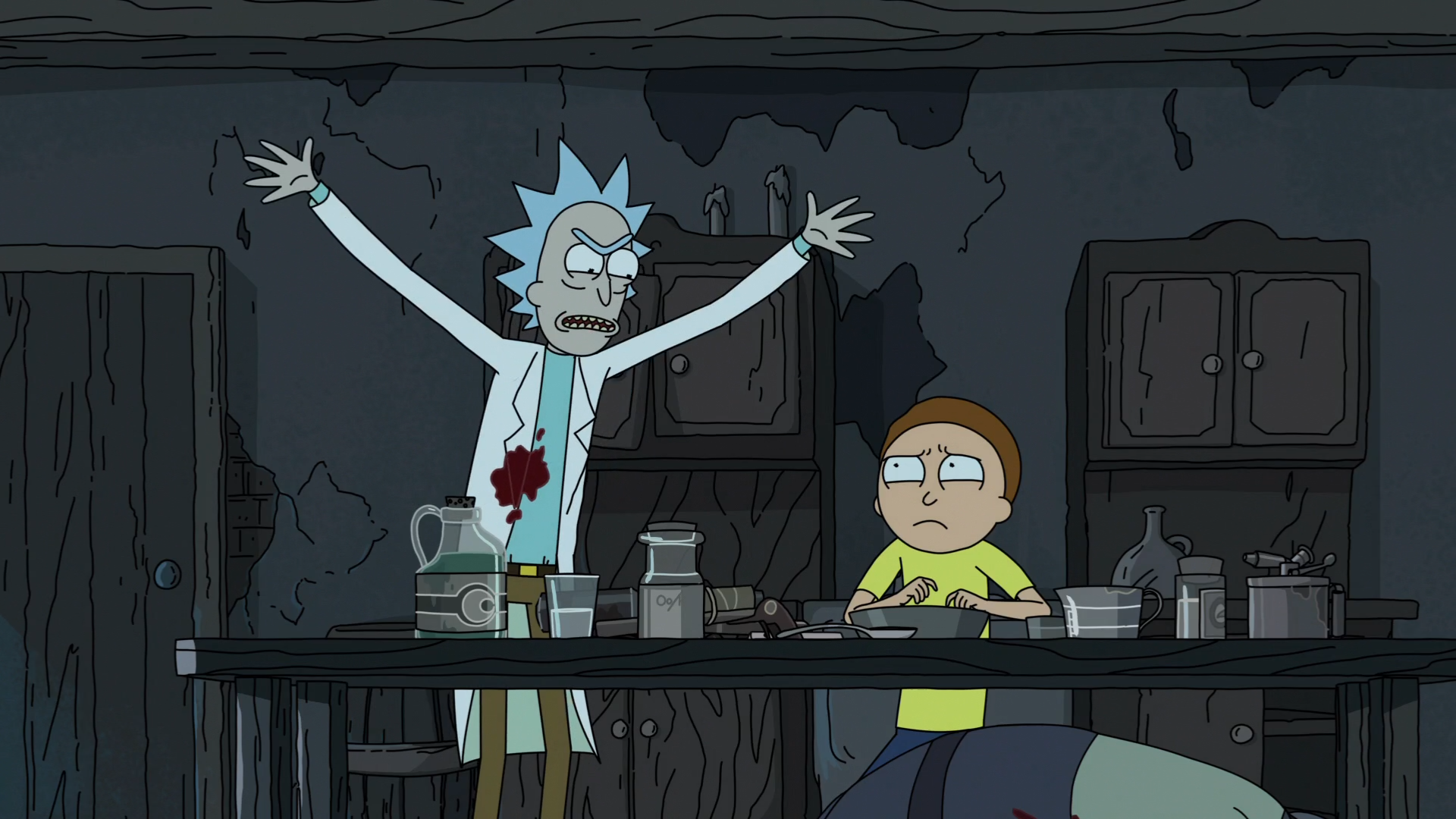 Rick and Morty in a dark, dilapidated room HD Wallpaper