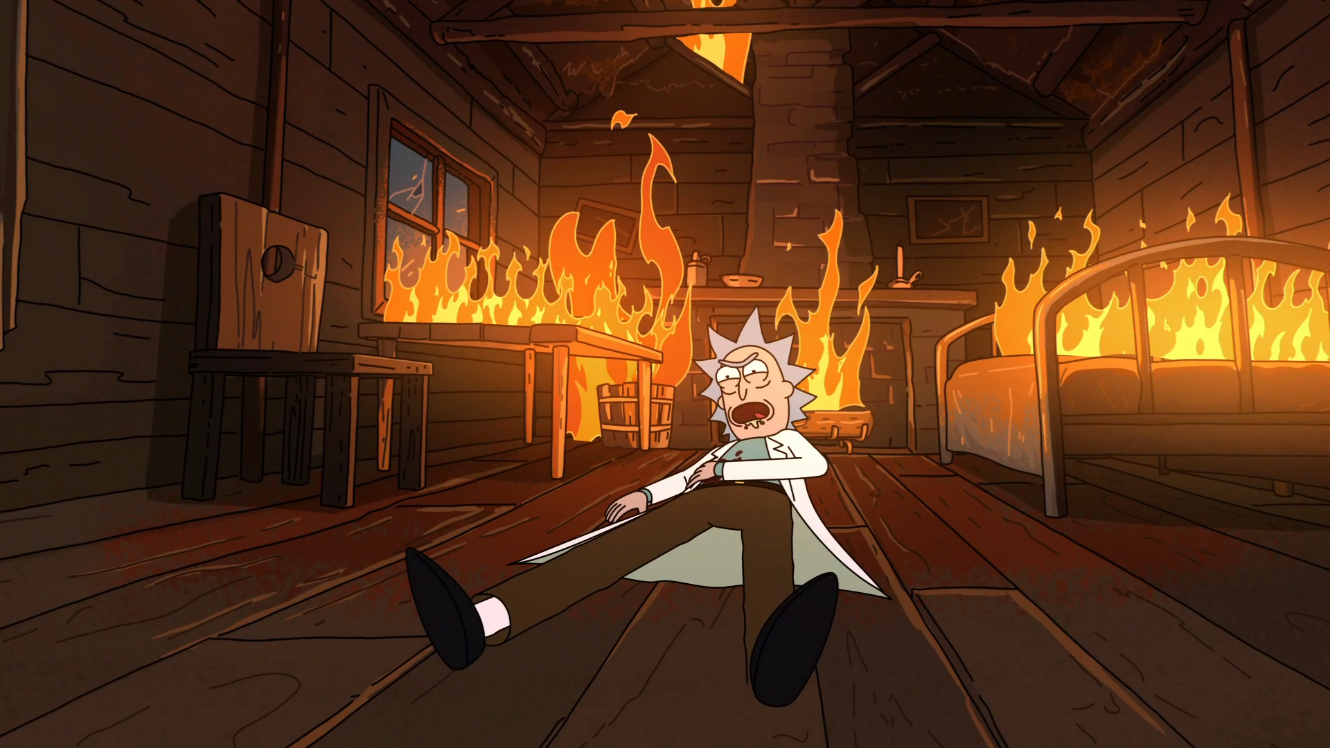Rick Sanchez from Rick and Morty in a burning cabin HD Wallpaper