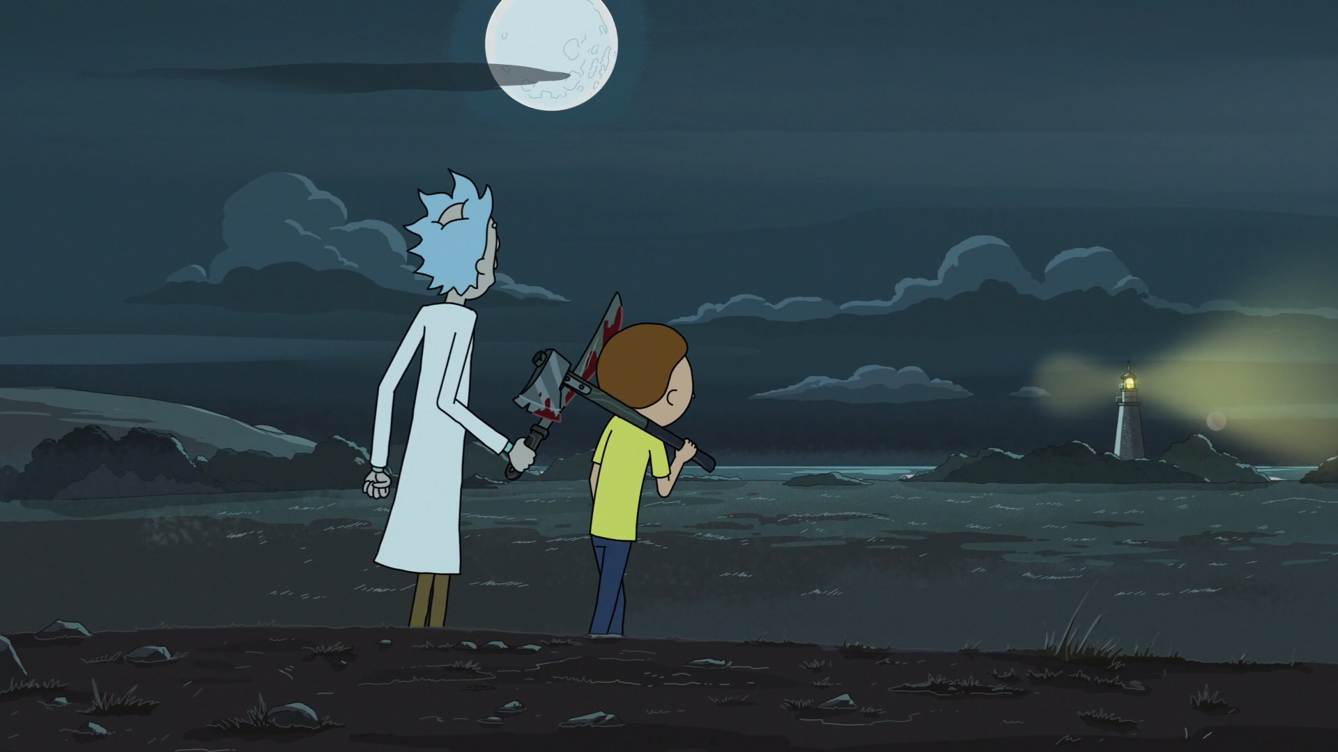 Rick and Morty in a dark landscape with a lighthouse HD Wallpaper