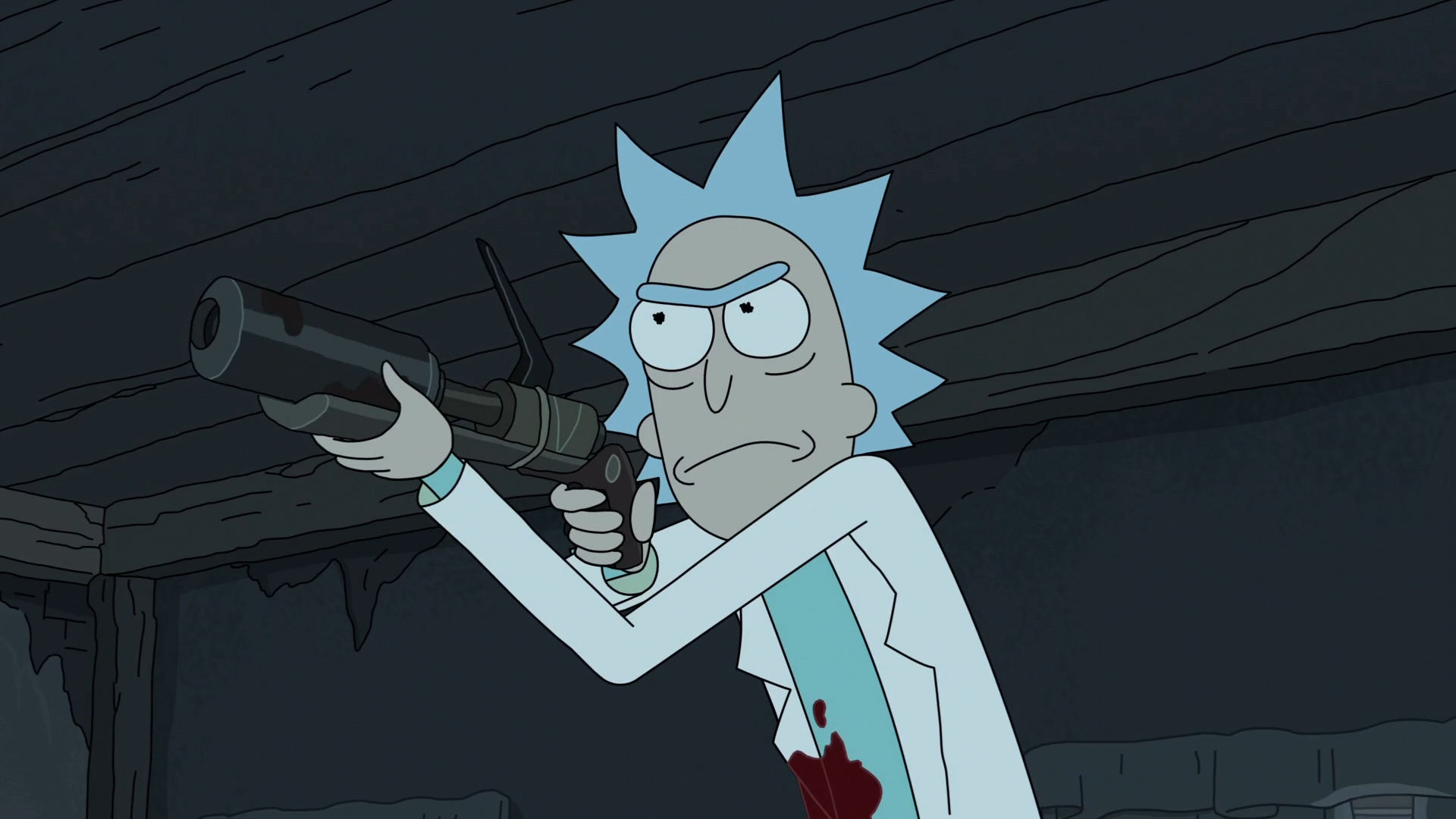 Rick Sanchez from Rick and Morty holding a weapon HD Wallpaper