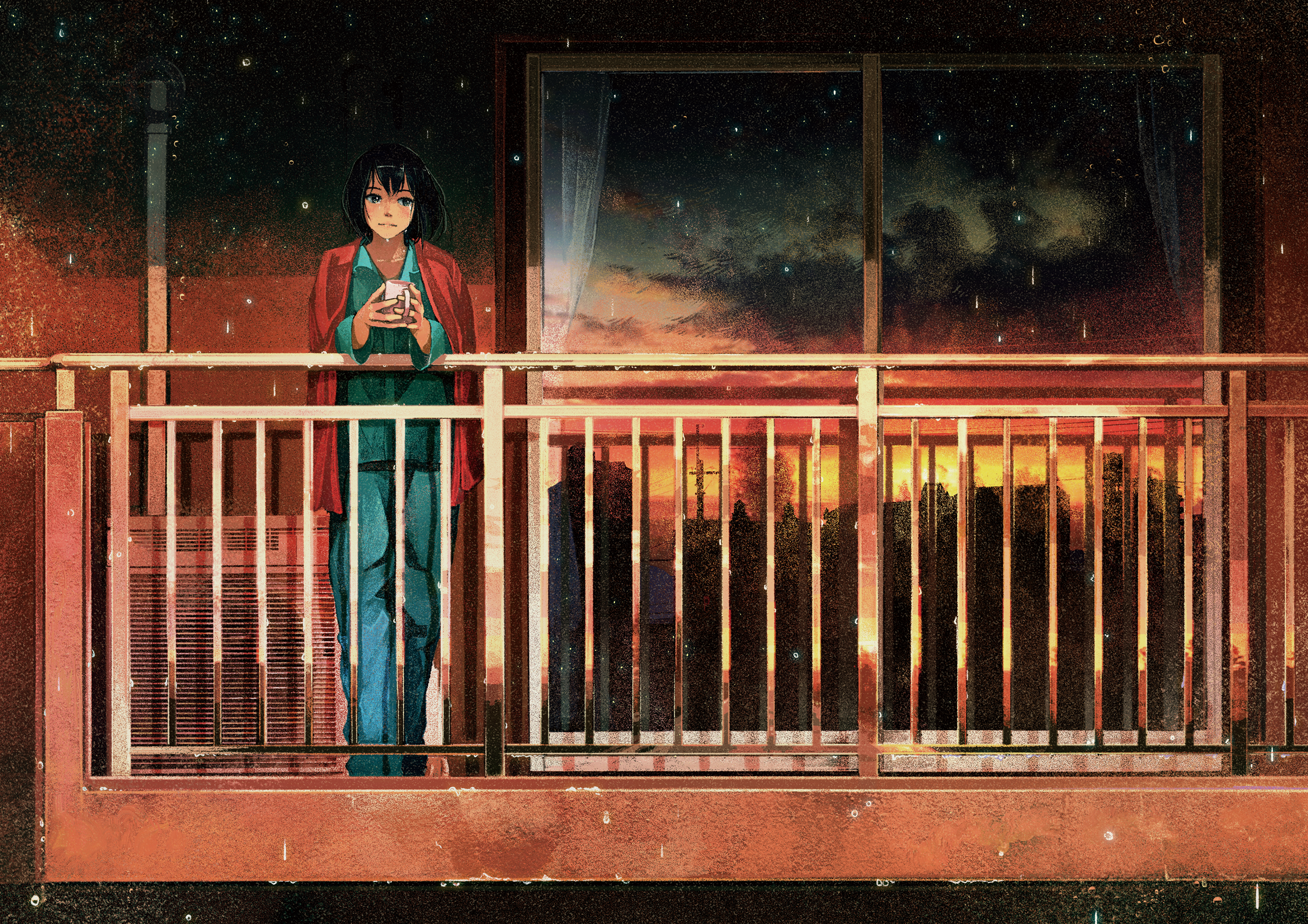 Anime girl on balcony with city view at sunset HD Wallpaper