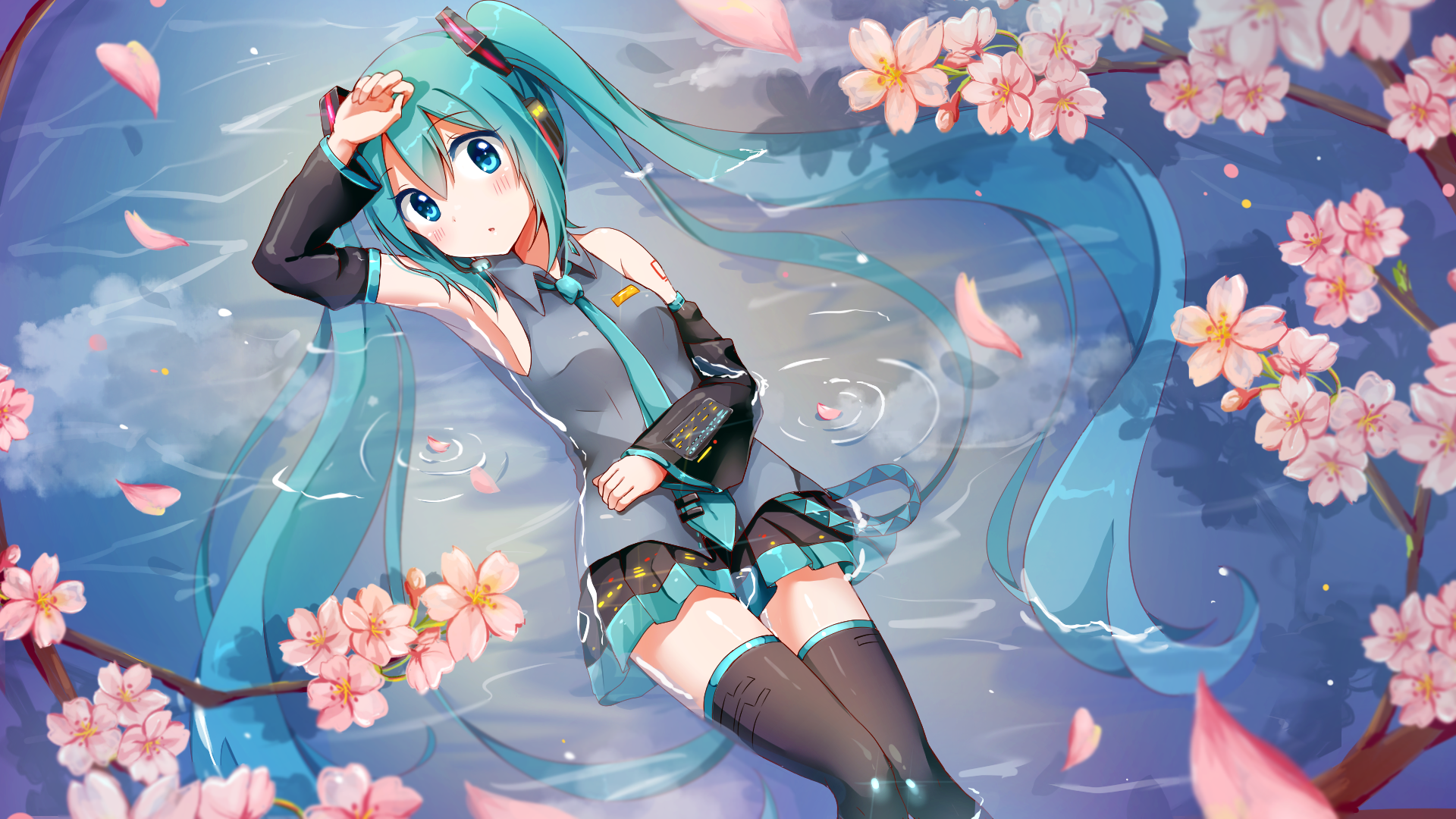 Hatsune Miku from Vocaloid lying in water with cherry blossoms HD Wallpaper