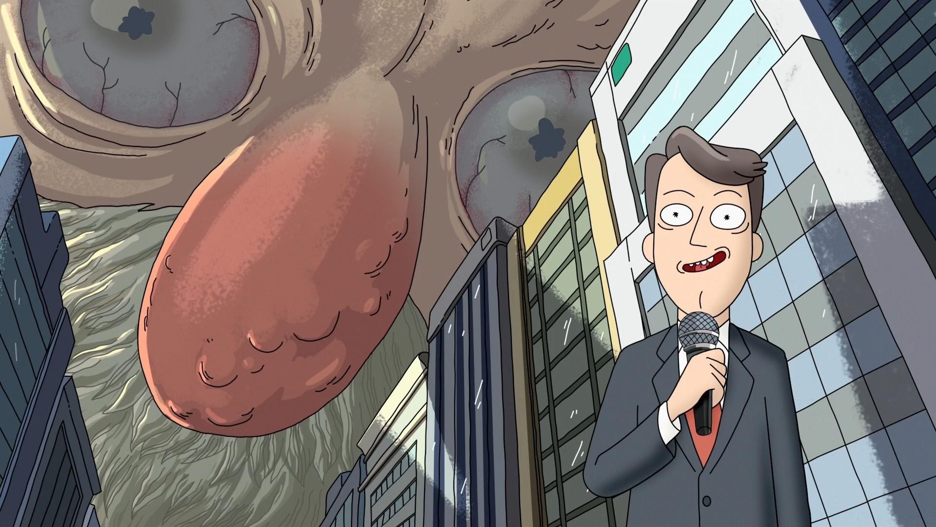 Rick and Morty: Giant creature and reporter in city HD Wallpaper