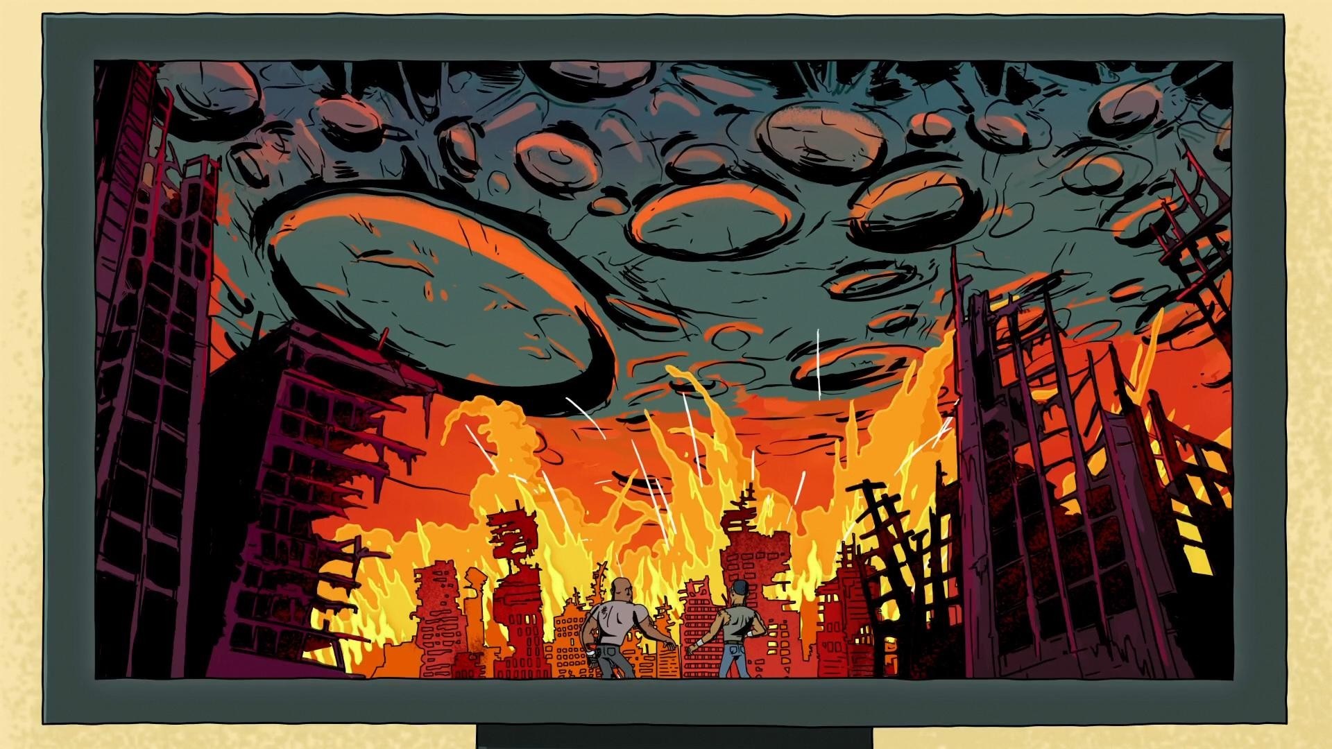 Alien invasion over burning city on television HD Wallpaper