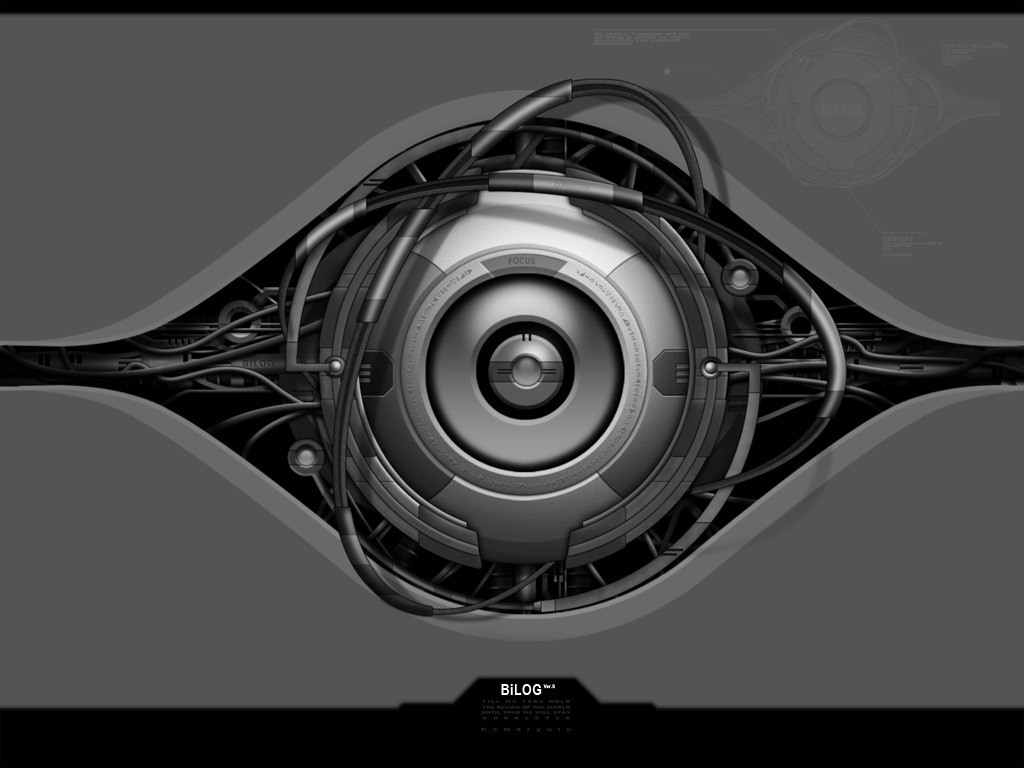 Monochrome illustration of a mechanical eye HD Wallpaper