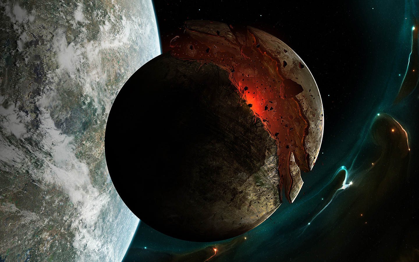 Destroyed planet in space with Earth nearby HD Wallpaper