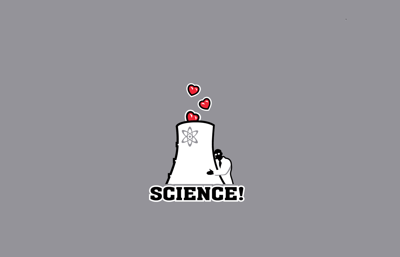 Illustration of a scientist hugging a cooling tower with hearts and the word SCIENCE! HD Wallpaper