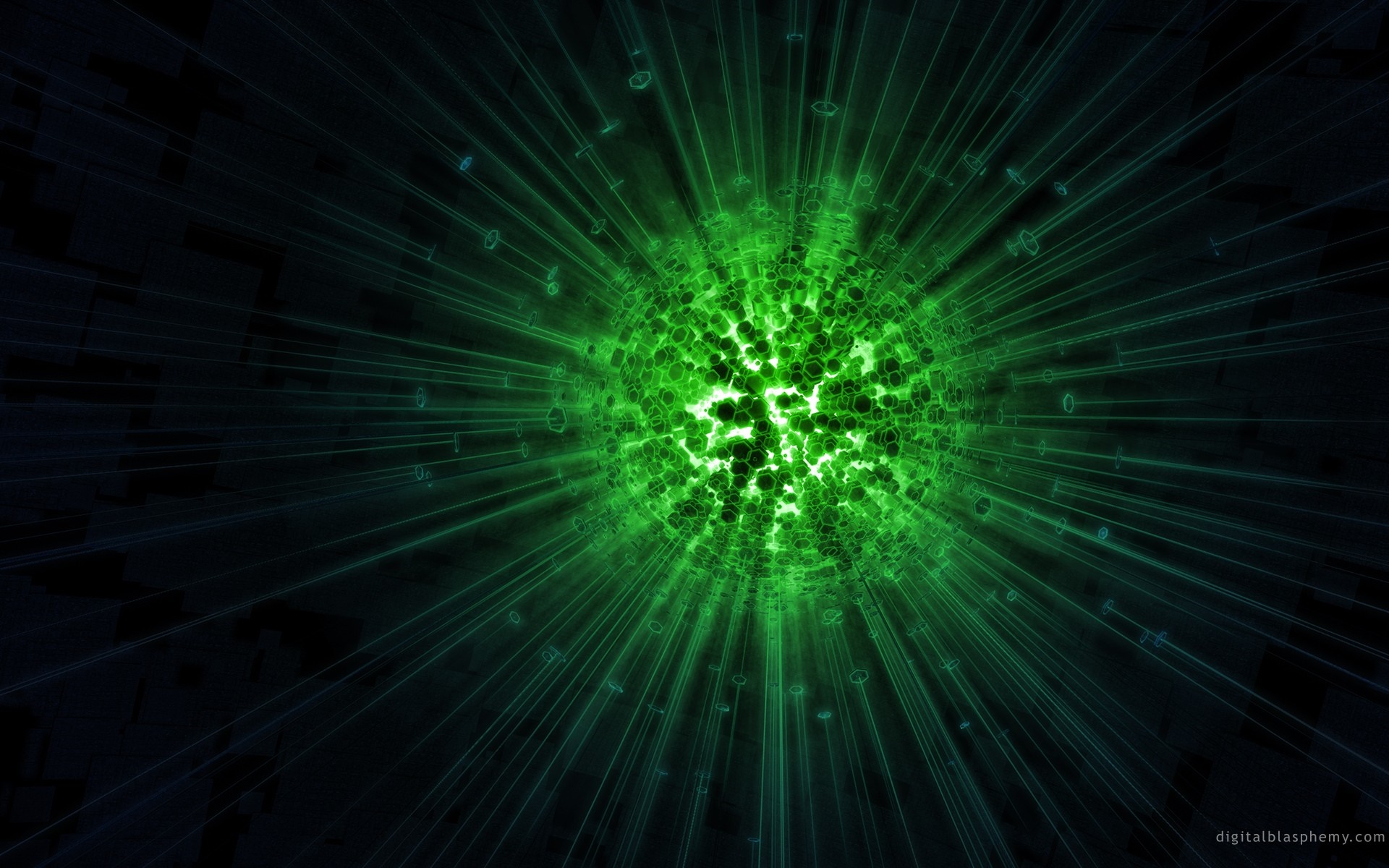 Abstract green glowing sphere with radiating lines HD Wallpaper