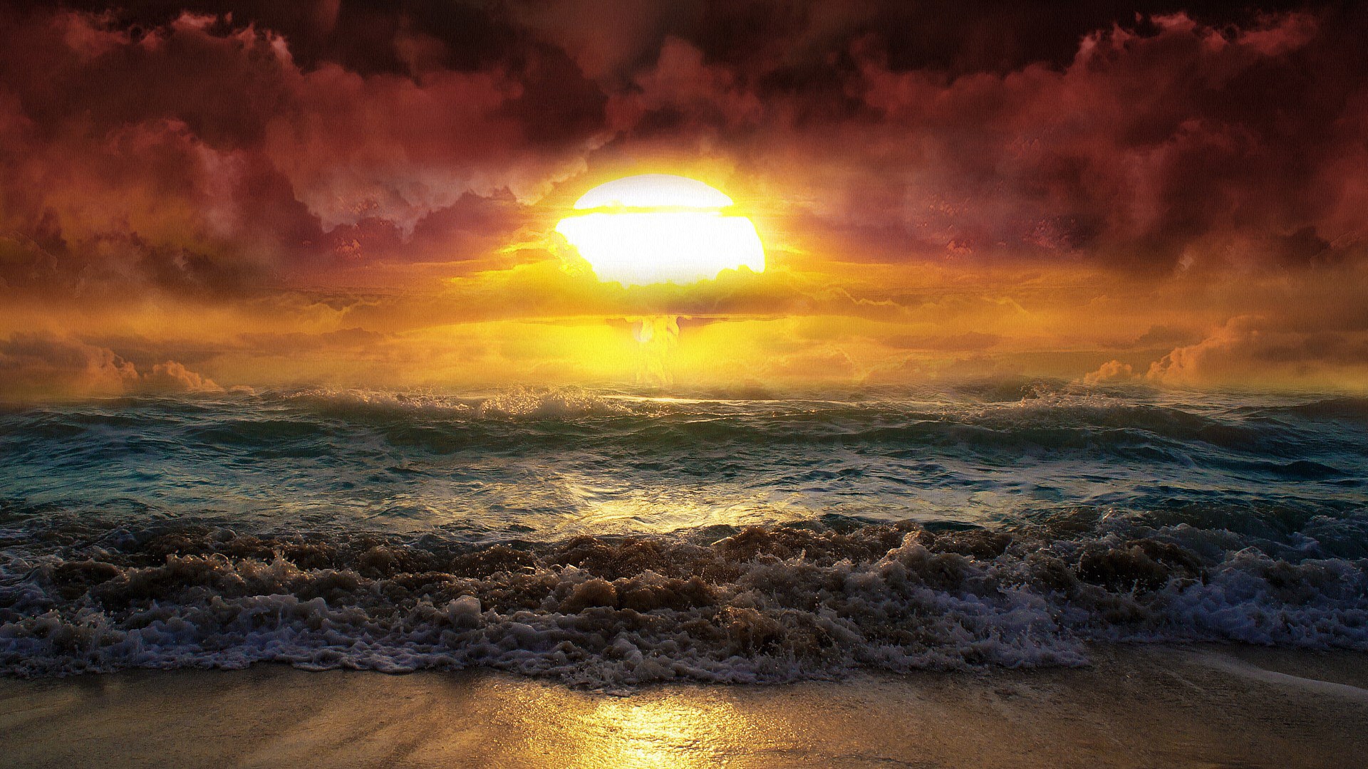 Dramatic sunset over ocean waves crashing on a beach HD Wallpaper