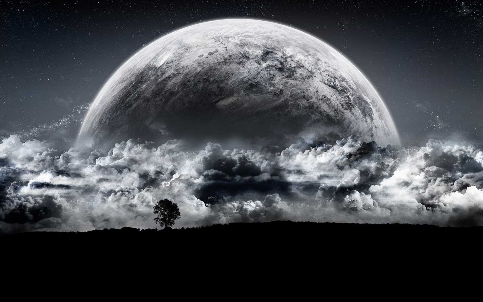 Planet rising over clouds with a lone tree HD Wallpaper