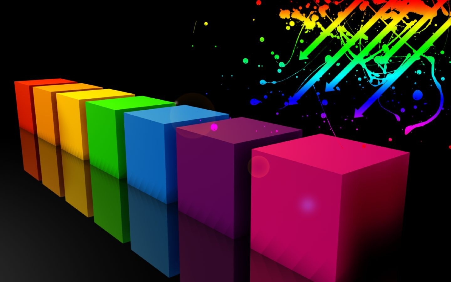 Rainbow colored cubes and abstract paint splatters HD Wallpaper