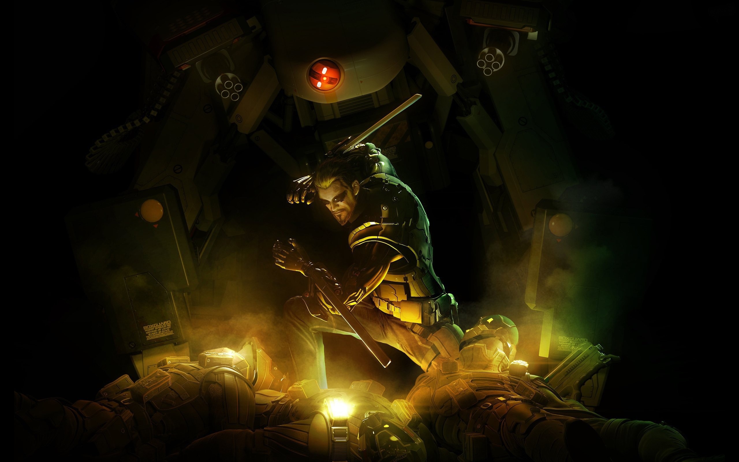 Adam Jensen standing over defeated soldiers HD Wallpaper