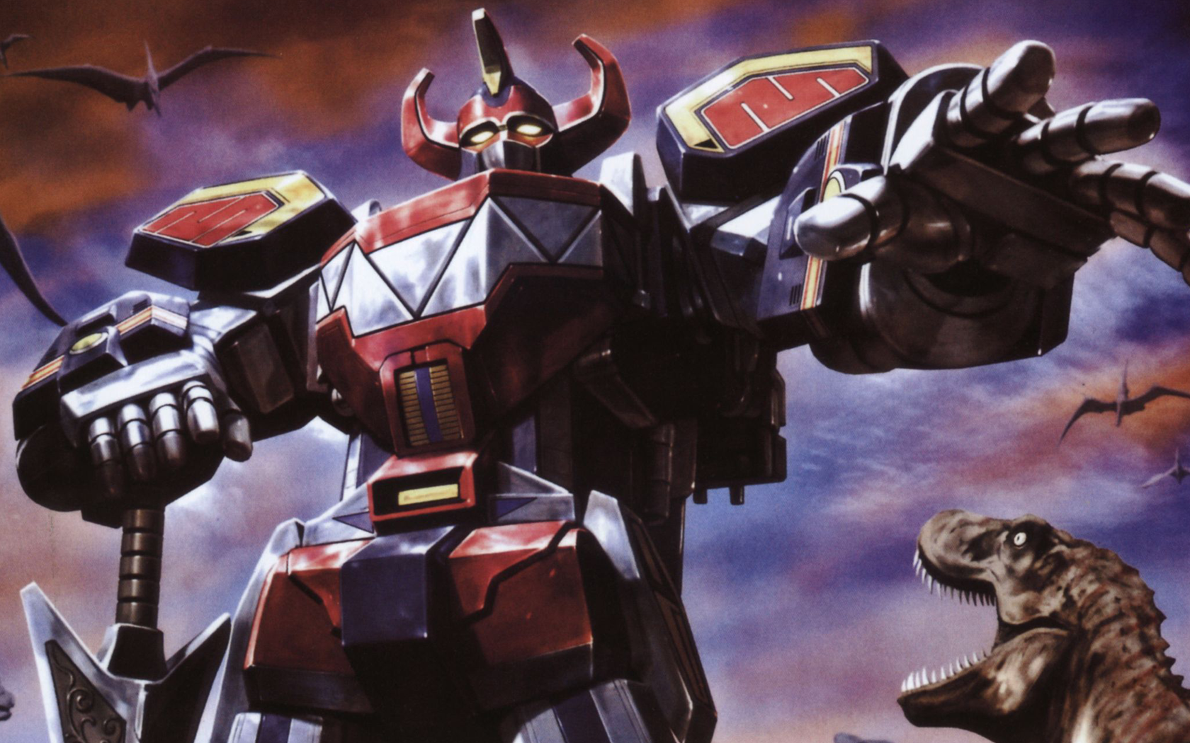 Megazord from Power Rangers with dinosaurs and pterodactyls HD Wallpaper