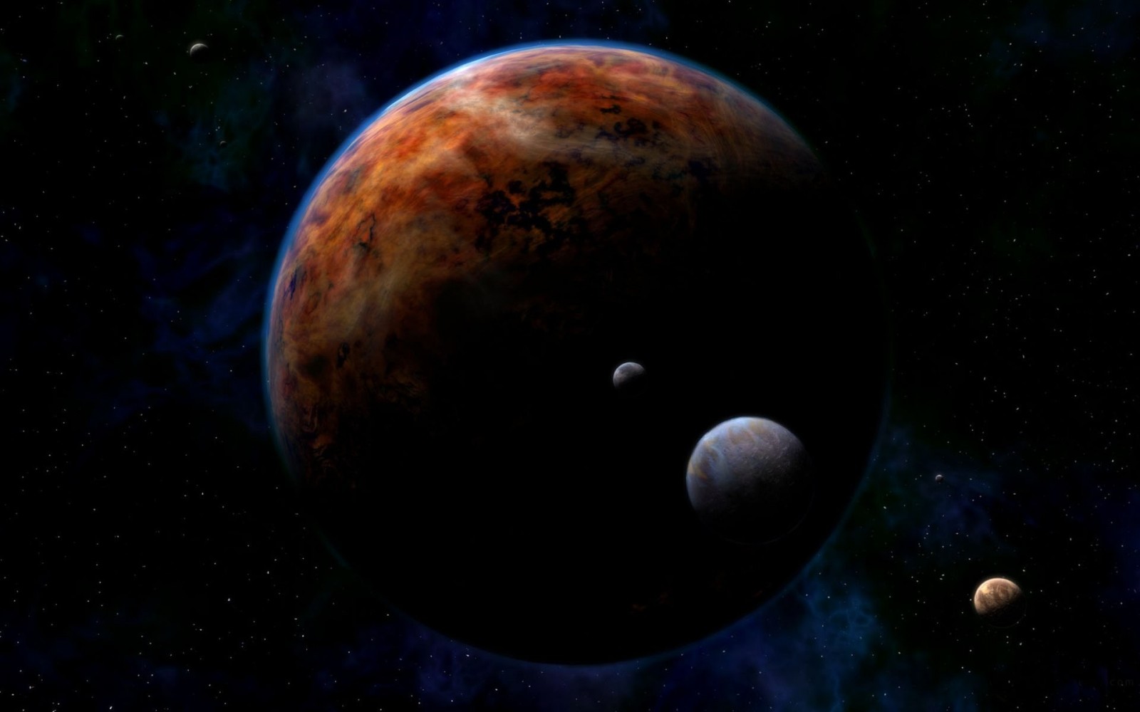 A large, reddish-brown planet with moons in space HD Wallpaper