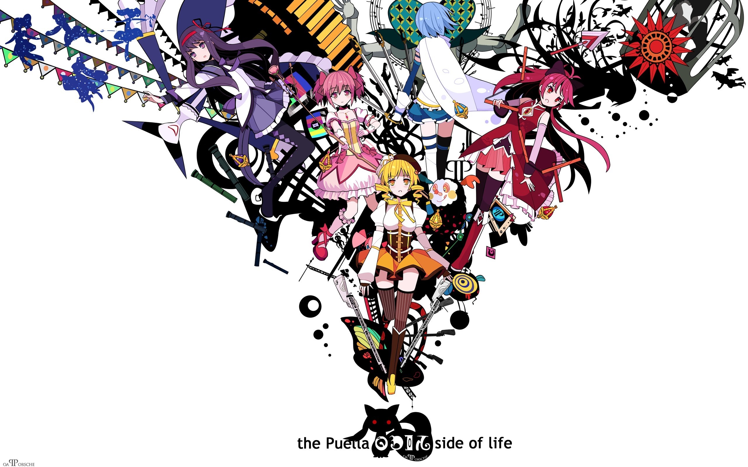 Mahou Shoujo Madoka Magica characters with Kyubey and text HD Wallpaper