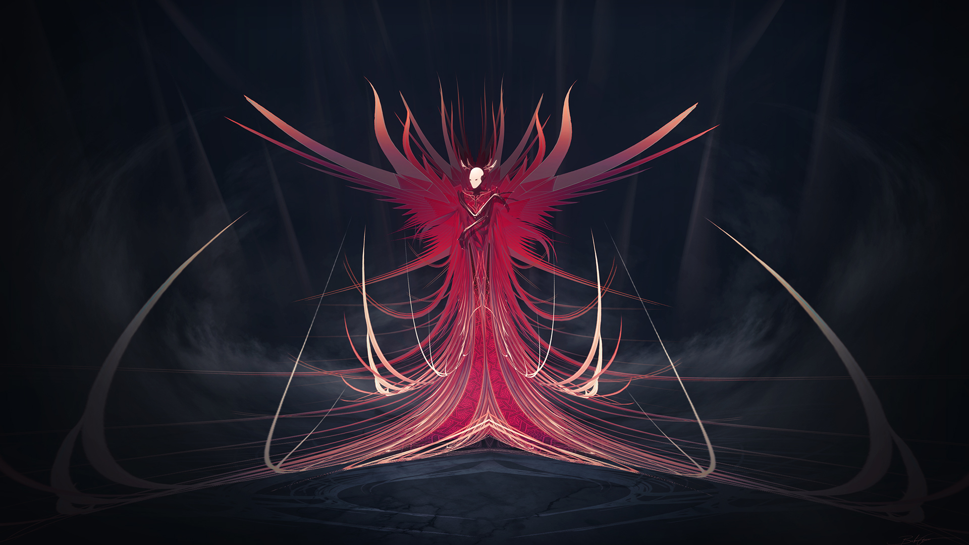Symmetrical Red Angelic Figure with Flowing Garments HD Wallpaper