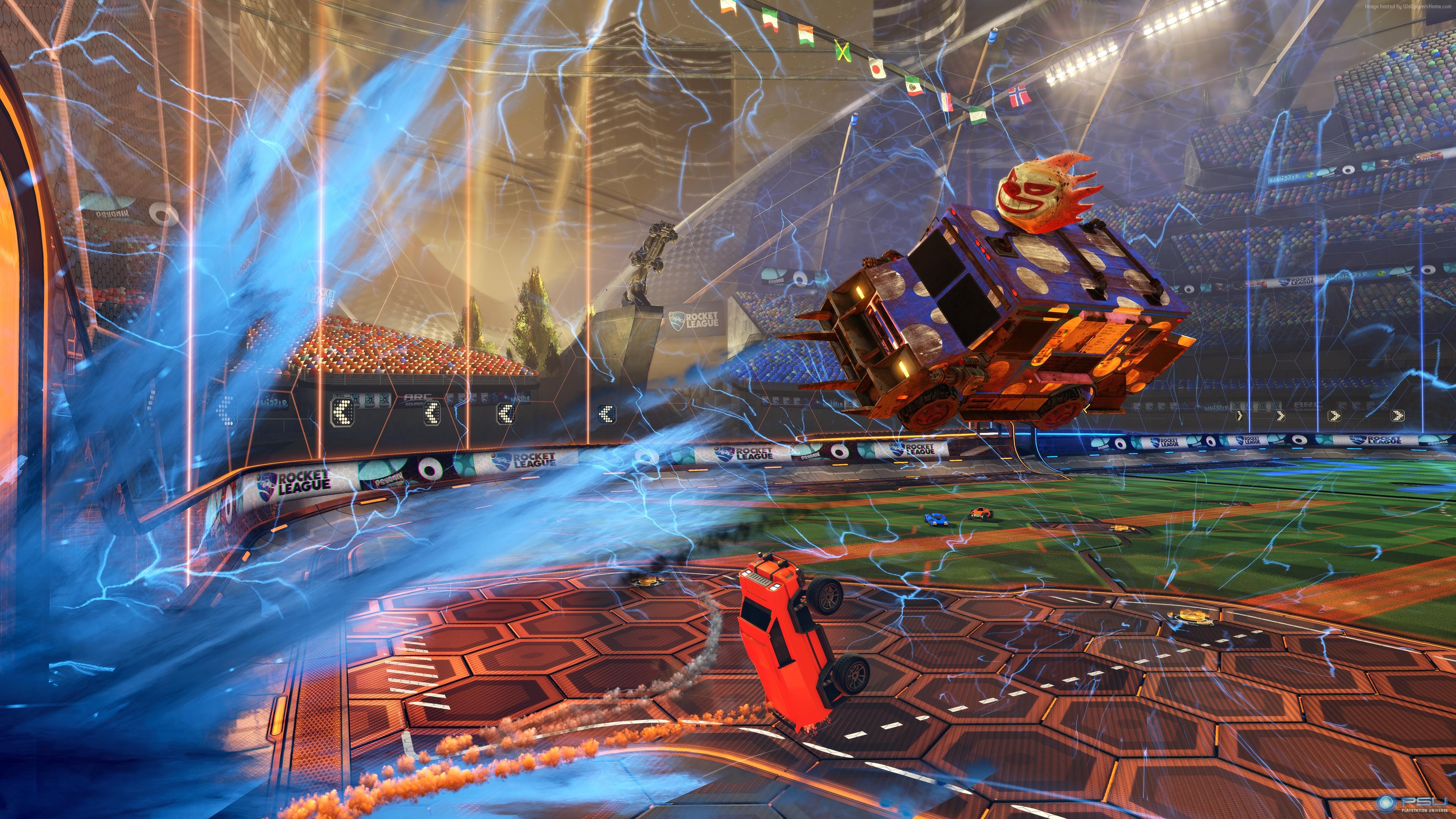 Rocket League cars in a stadium with lightning effects HD Wallpaper