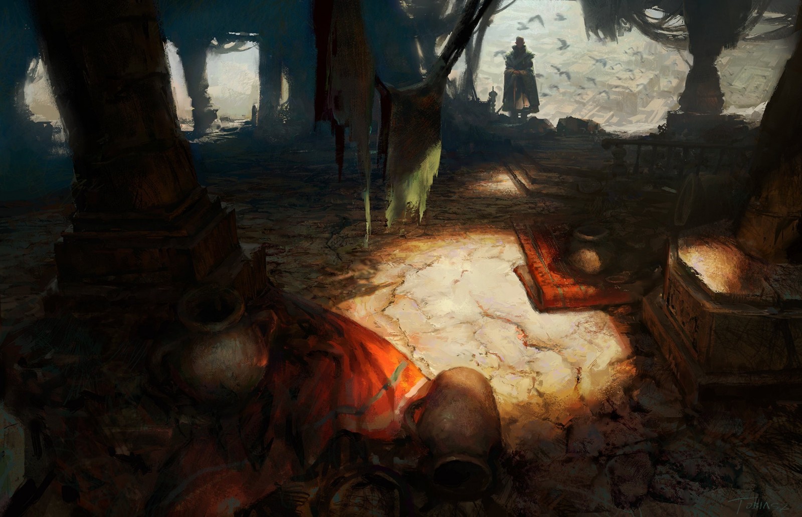 Fantasy art of a figure in a ruined hall with birds HD Wallpaper