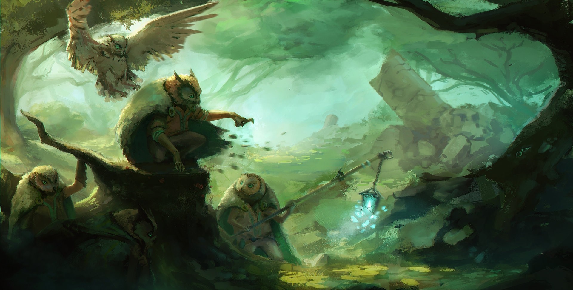 Fantasy owl people in a mystical forest HD Wallpaper