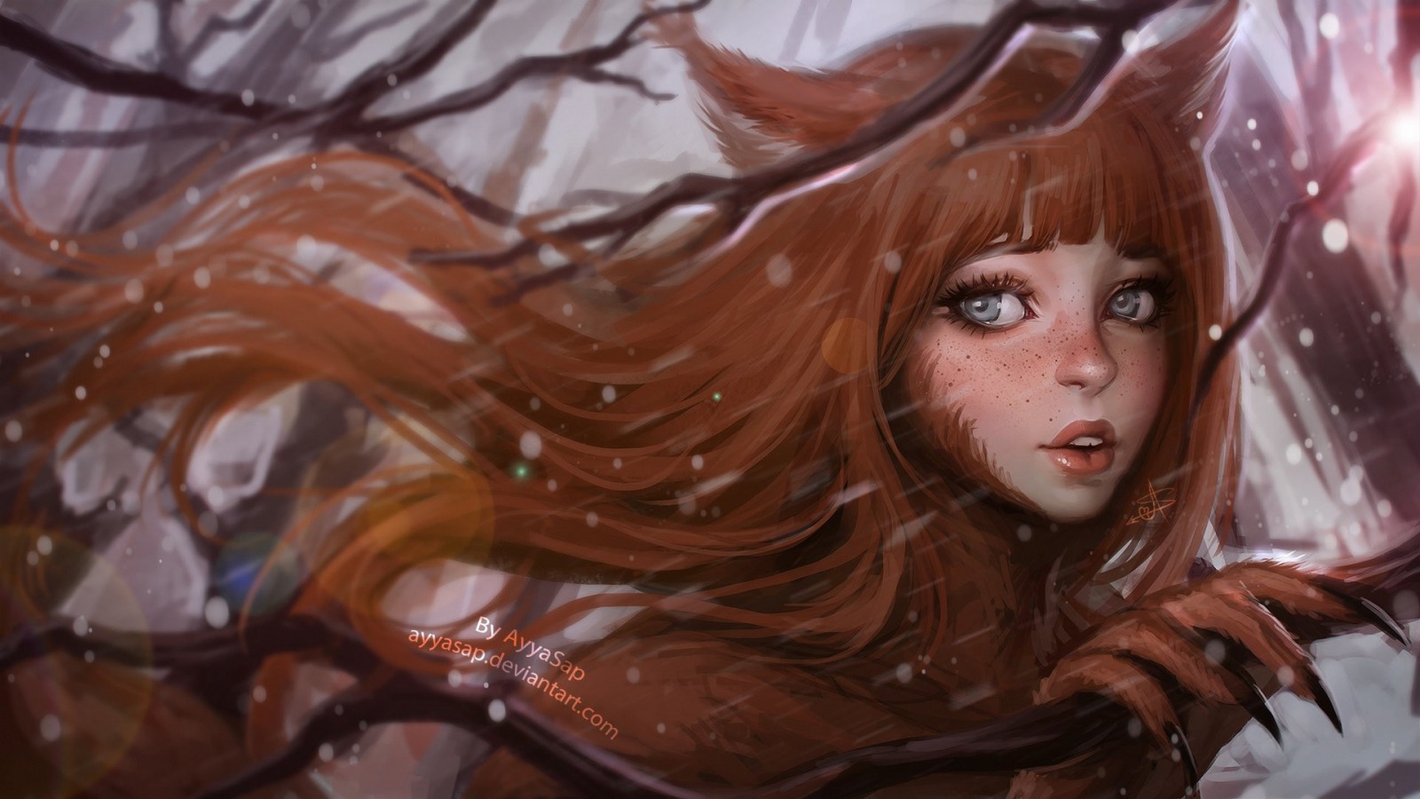 Fantasy art of a fox-eared woman in winter HD Wallpaper