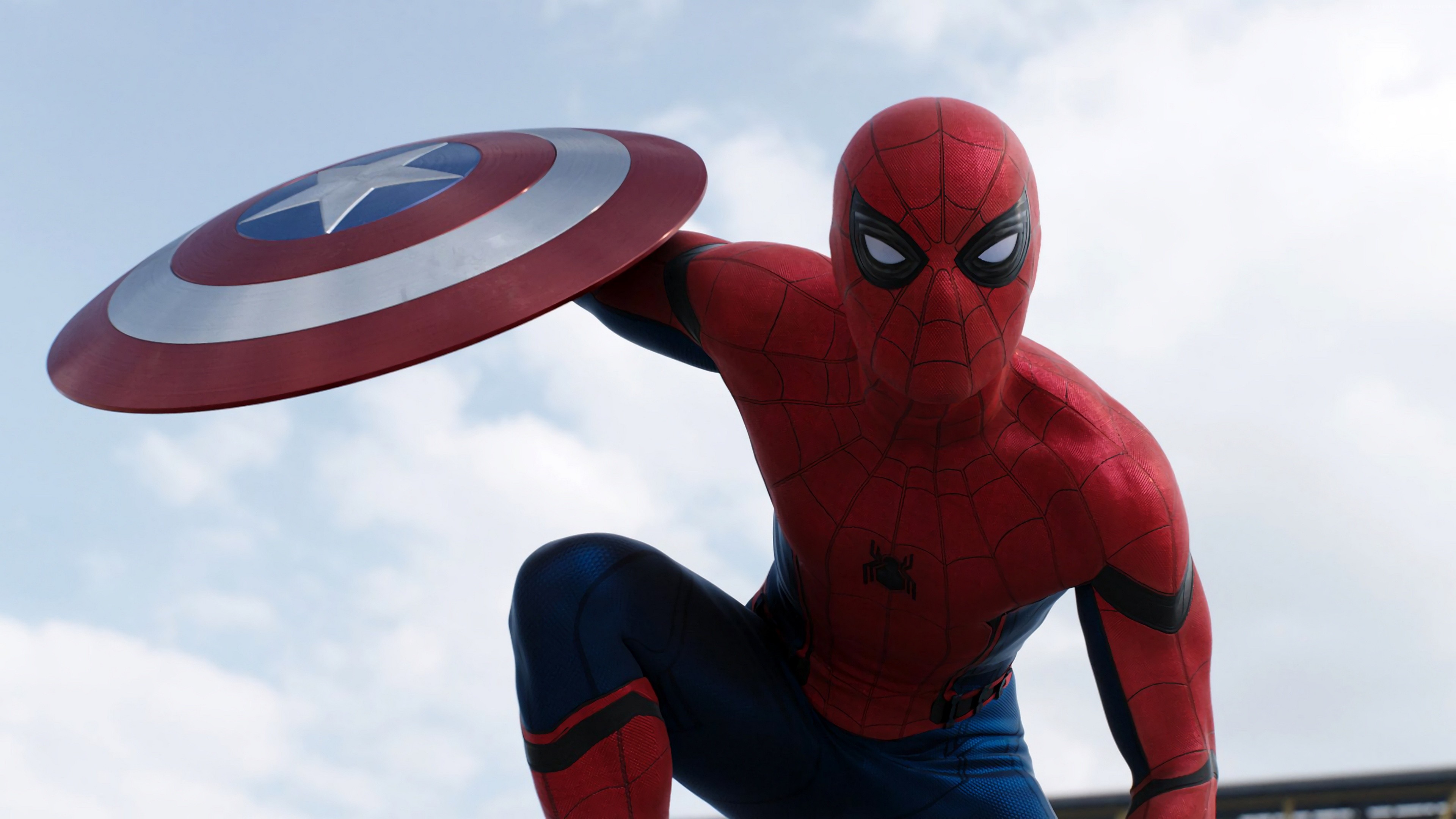 Spider-Man from Captain America: Civil War holding Captain America's shield HD Wallpaper