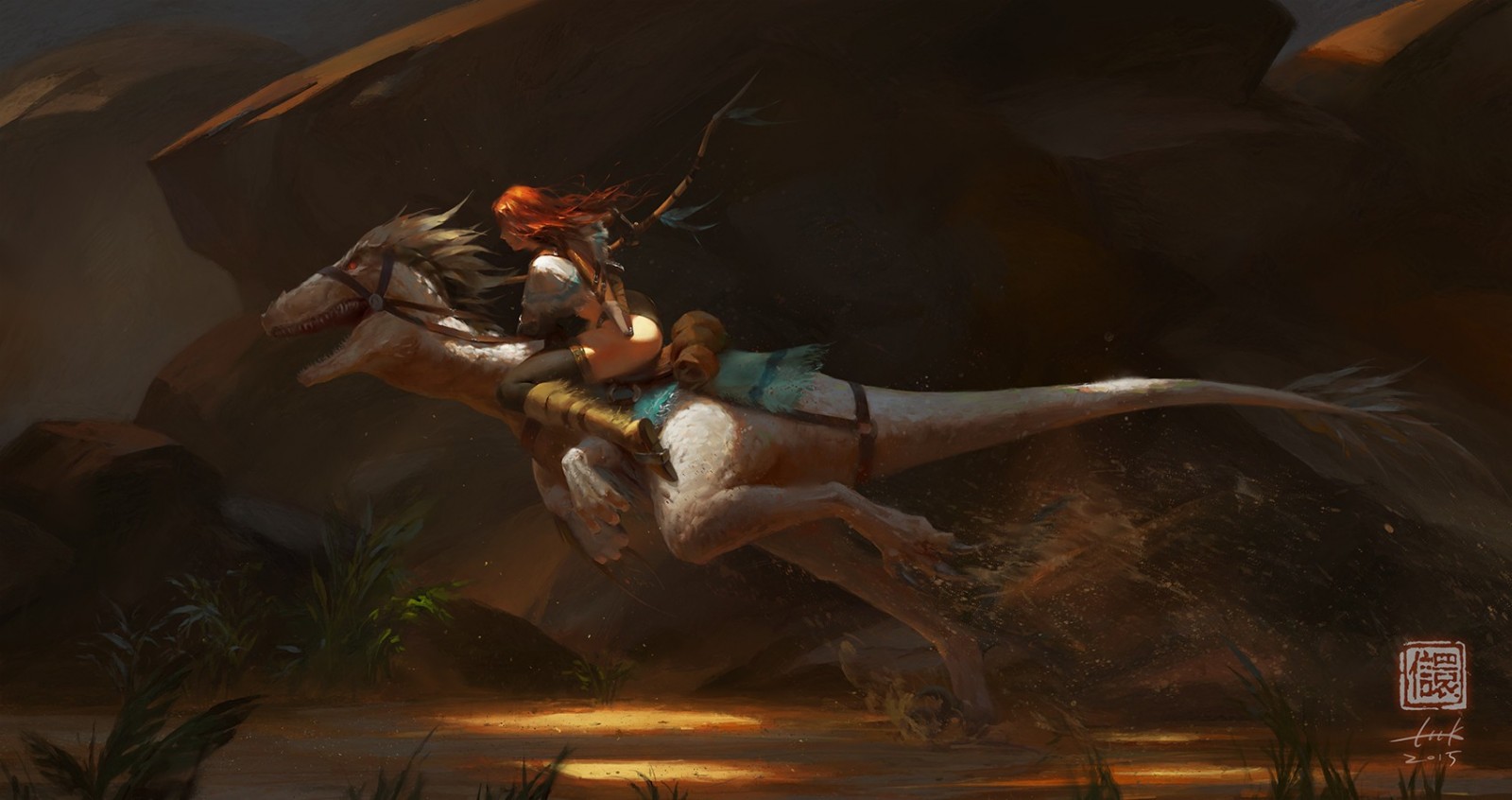 Girl riding a dinosaur in a desert HD Wallpaper