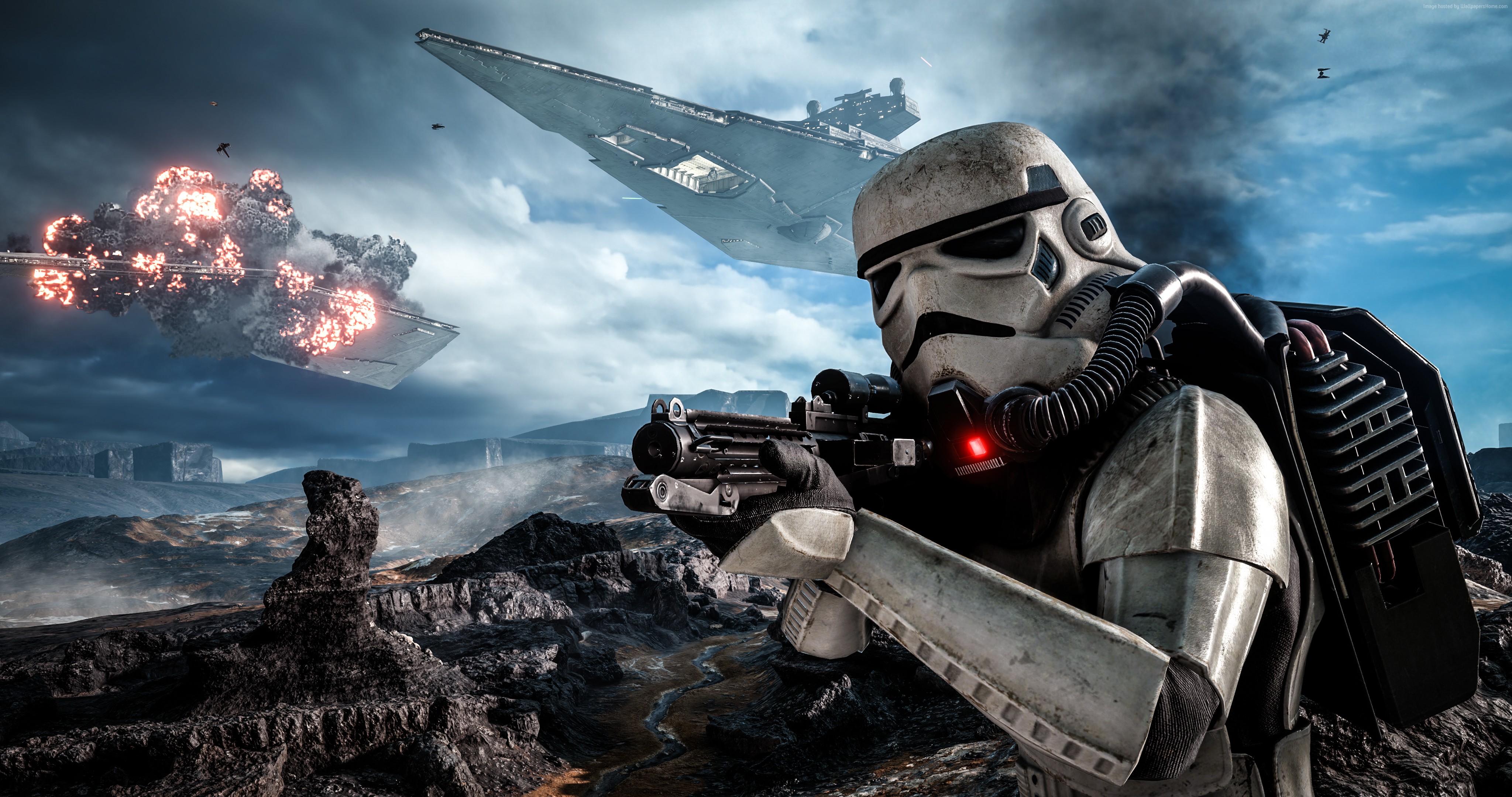 Stormtrooper aiming rifle with Star Destroyer in Star Wars Battlefront HD Wallpaper