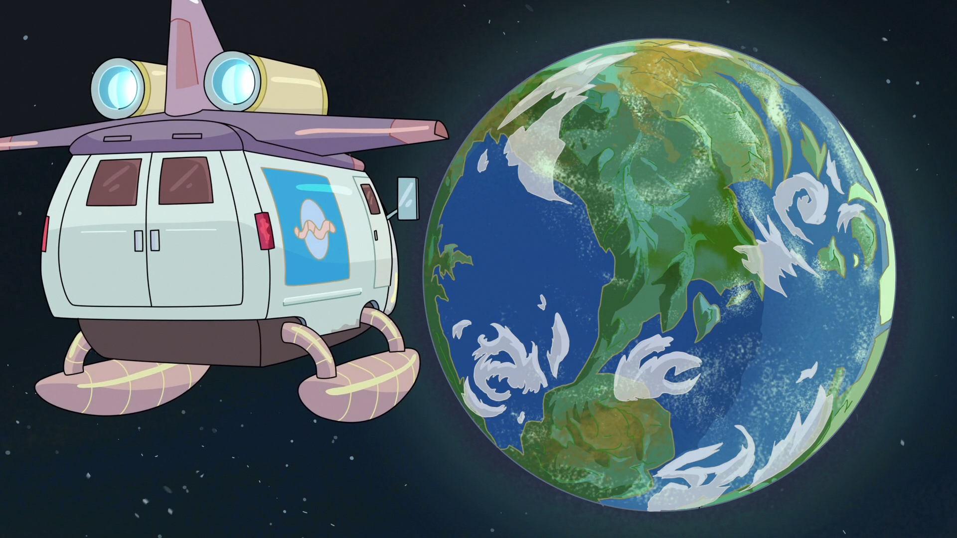 Spacecraft near a planet in Rick and Morty HD Wallpaper
