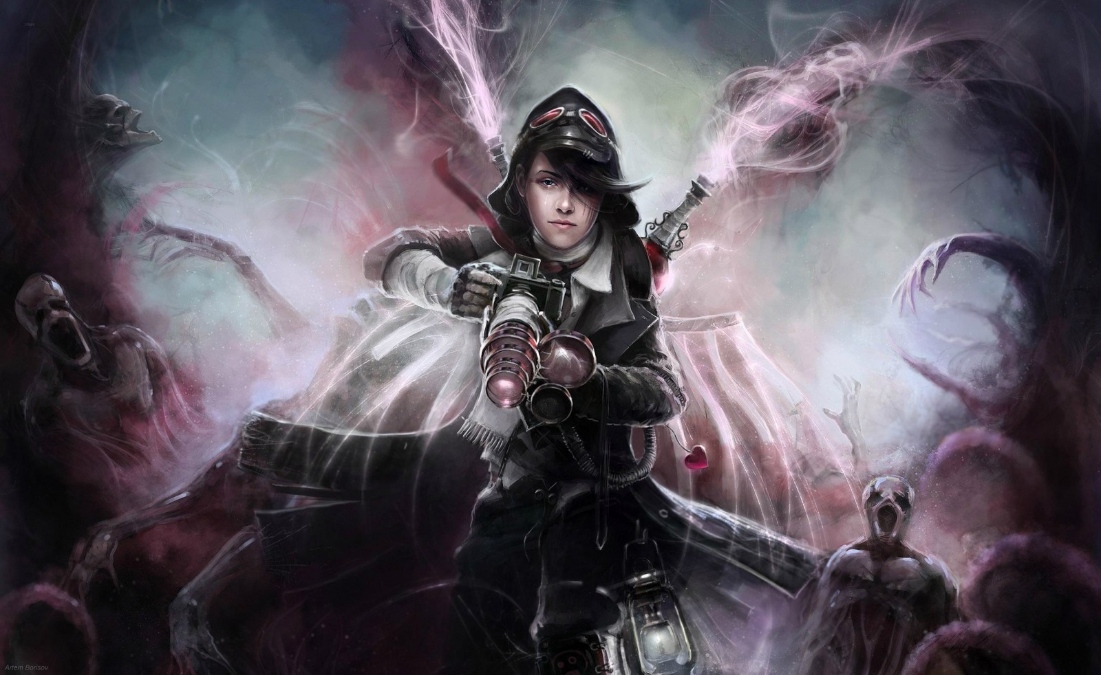Steampunk woman with camera fighting monsters HD Wallpaper