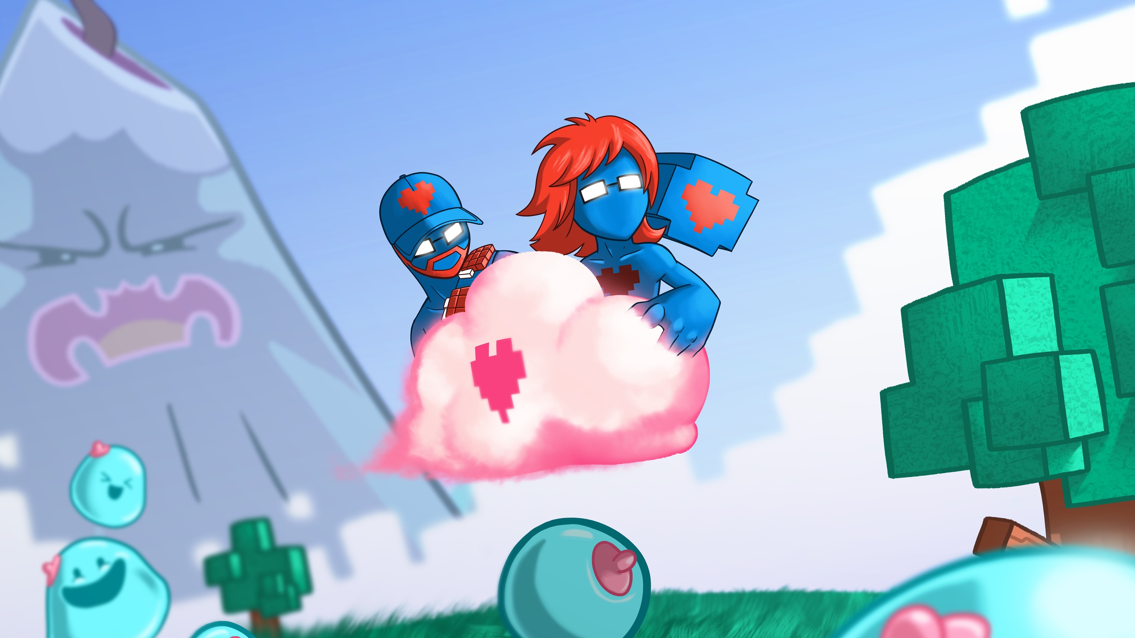 Pegboard Nerds characters with pink cloud and pixel heart HD Wallpaper