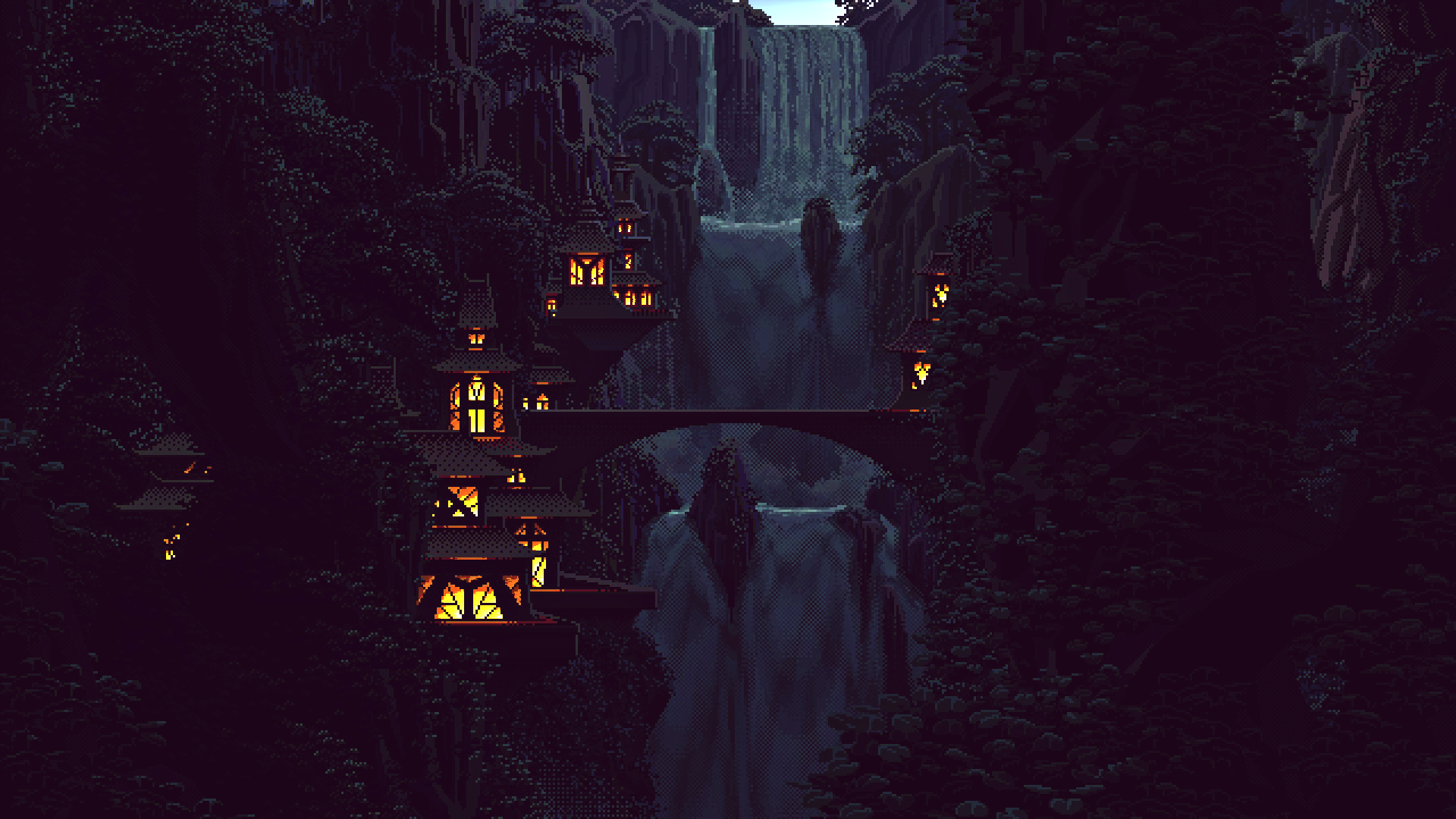 Pixel art of a fantasy village with waterfalls at night HD Wallpaper