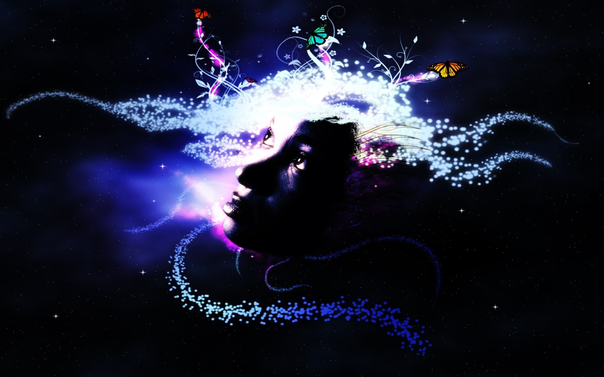 Digital art of a woman's profile with glowing particles HD Wallpaper