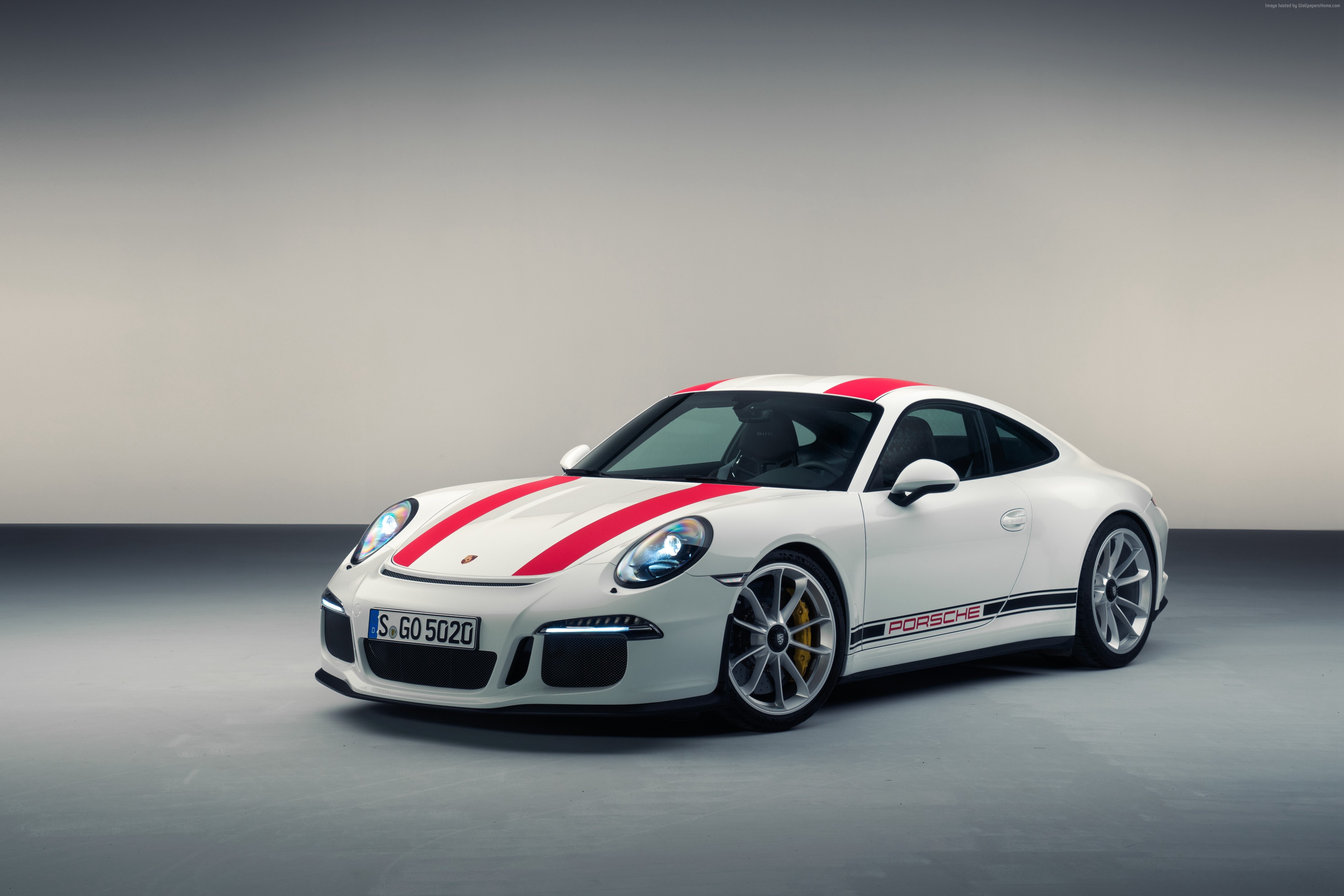 White Porsche 911 R (991) with red stripes HD Wallpaper