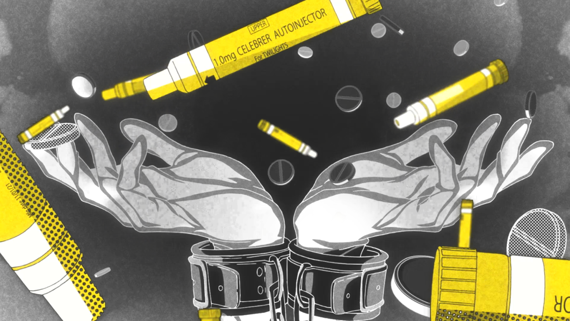 Hands in handcuffs with Celebrex autoinjectors and pills HD Wallpaper