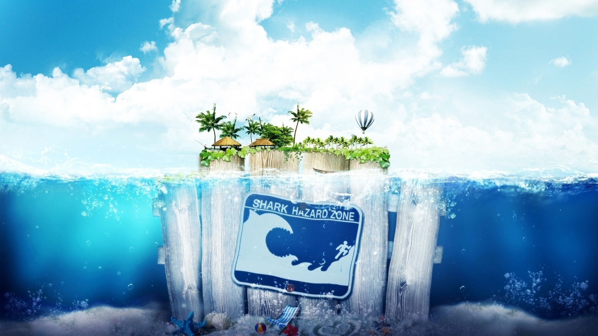 Island with shark hazard zone sign underwater HD Wallpaper