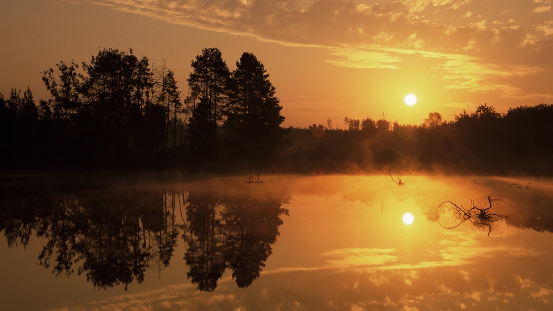 Sunrise over a misty lake with trees reflected HD Wallpaper